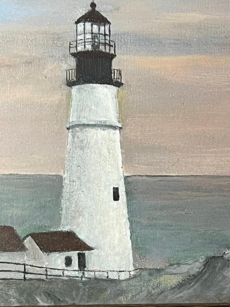 Vintage American Art Nautical Lighthouse Coastal Landscape Seascape Oil Painting