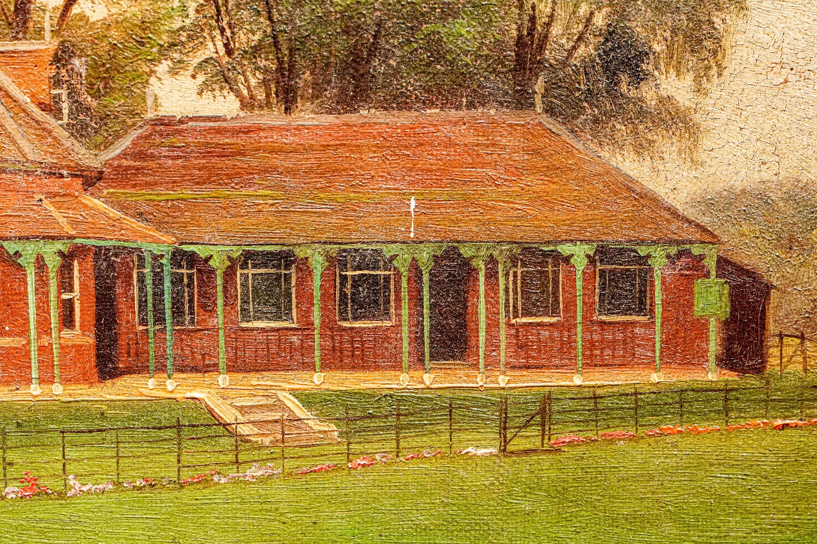 Charming Antique Framed Oil Painting English Cricket Pavilion Sports Victorian
