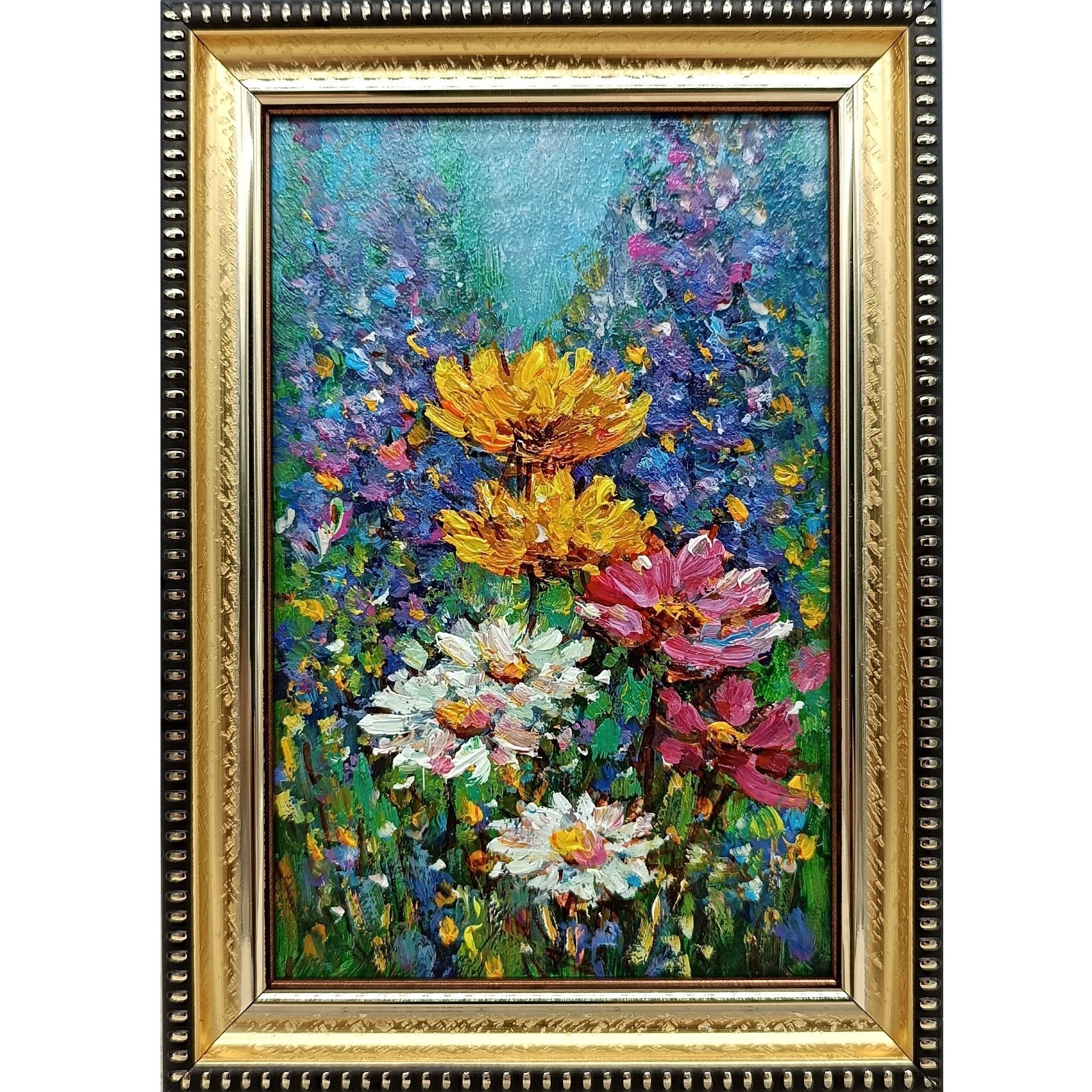 Impasto Floral Painting Framed 4×6 Signed Yellow Flowers Daisies Garden Art