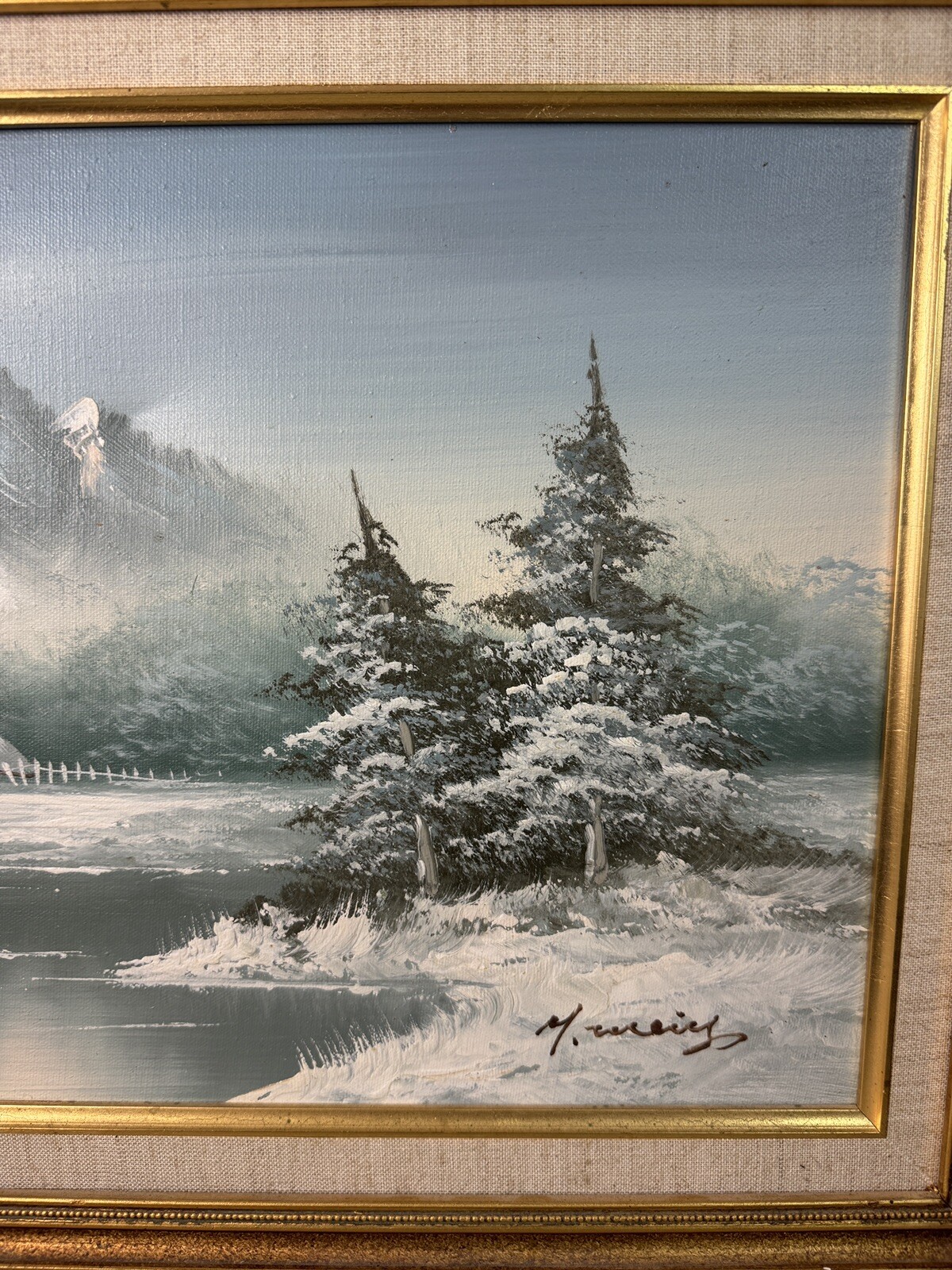 Winter Scene Painting -Snow covered Cabin with mountains, water and trees Signed