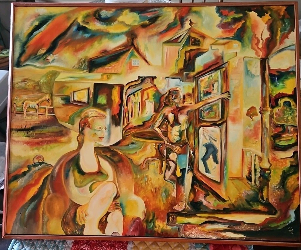 Original VTG 1985 Abstract Art Oil On Linen «Showboat» Framed Michael B.Stuart