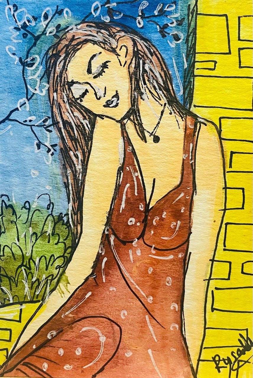 ACEO Woman in Brown Dress Garden Scene Original Outsider Art Painting Size OOAK
