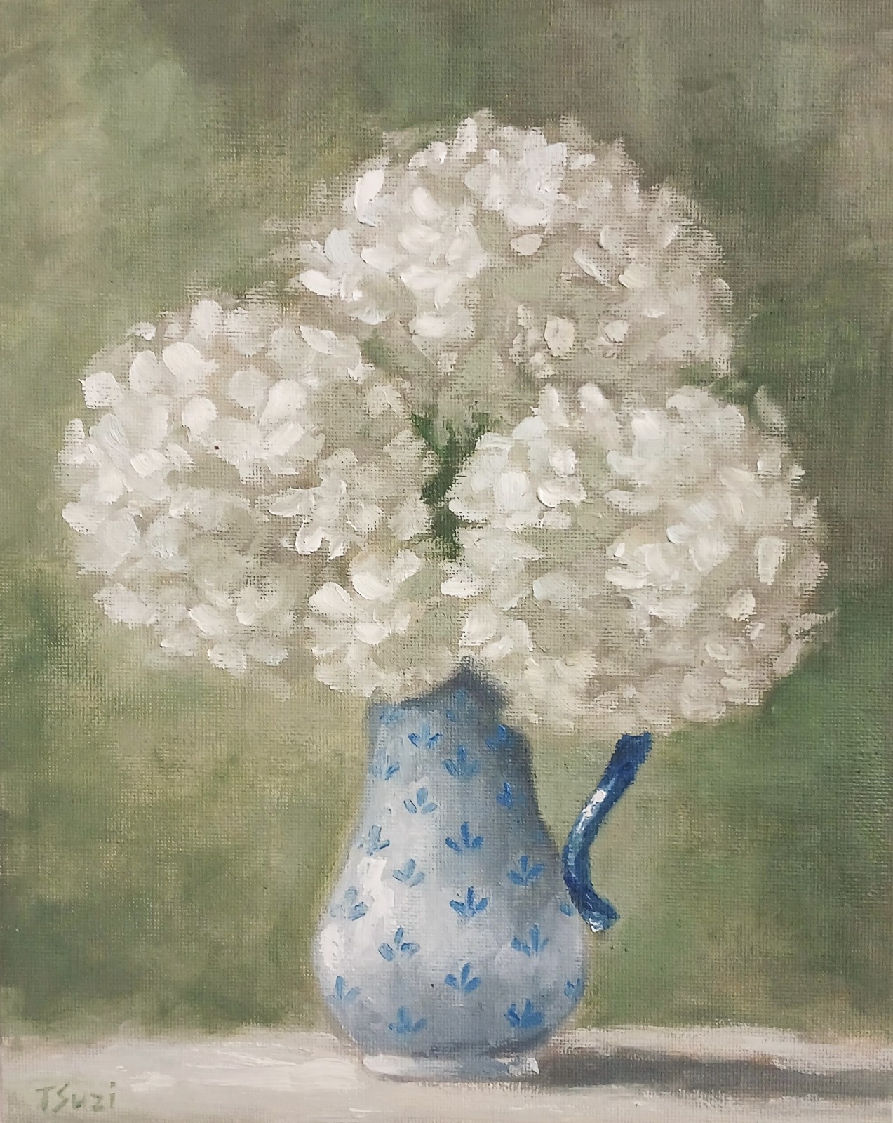 White Hydrangeas ORIGINAL Oil Painting Flowers Vintage Vase 8″ x 10″