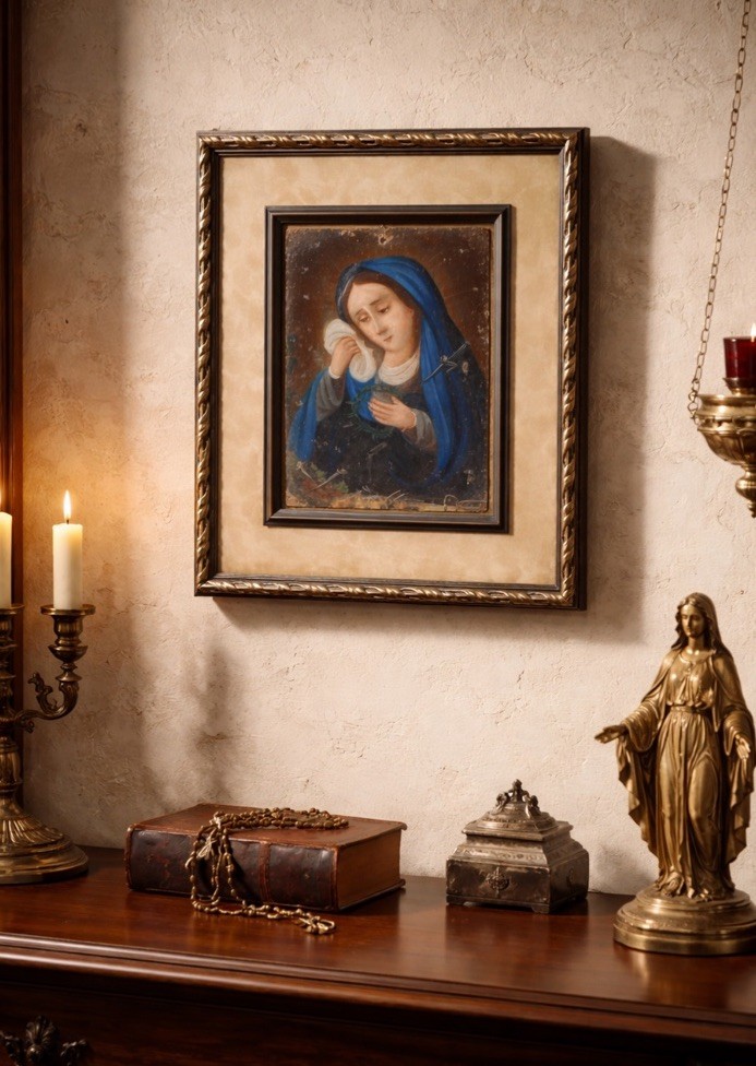 Antique Lady of Sorrows oil Colonial Mother Mary painting On Copper 18th Century