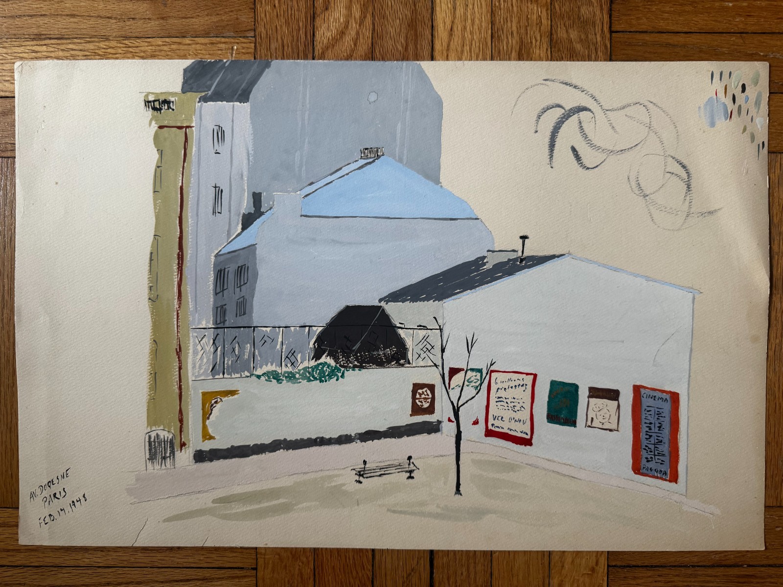 French 1940s Original Watercolor Gouache Painting Landscape Paris Street 19×12