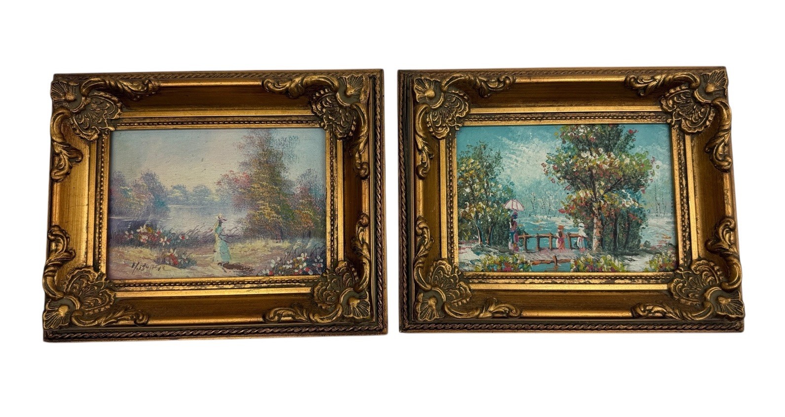 Vintage Oil Painting Lot of 2 Landscape Woman Umbrella 6.5” x 4.5” Art Pieces