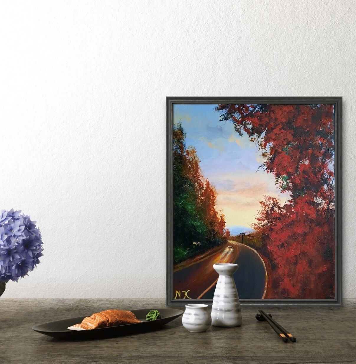 Original Painting Art Landscape Autumn Mountains Tree Sunset Hand Painted