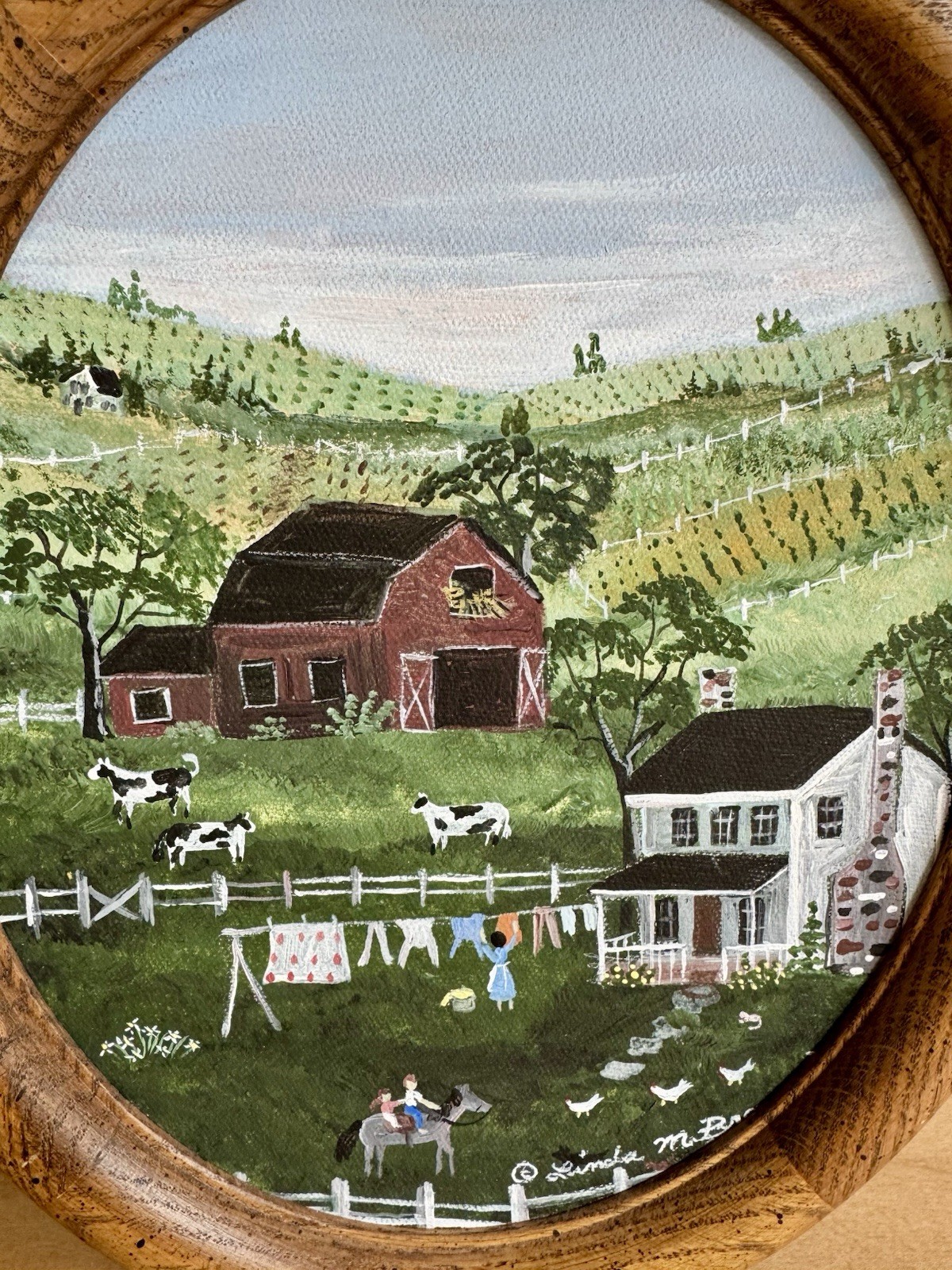 Vtg. Set Of 2 Oval Original Oil Paintings Barn Farm Life Scene Signed By Artist