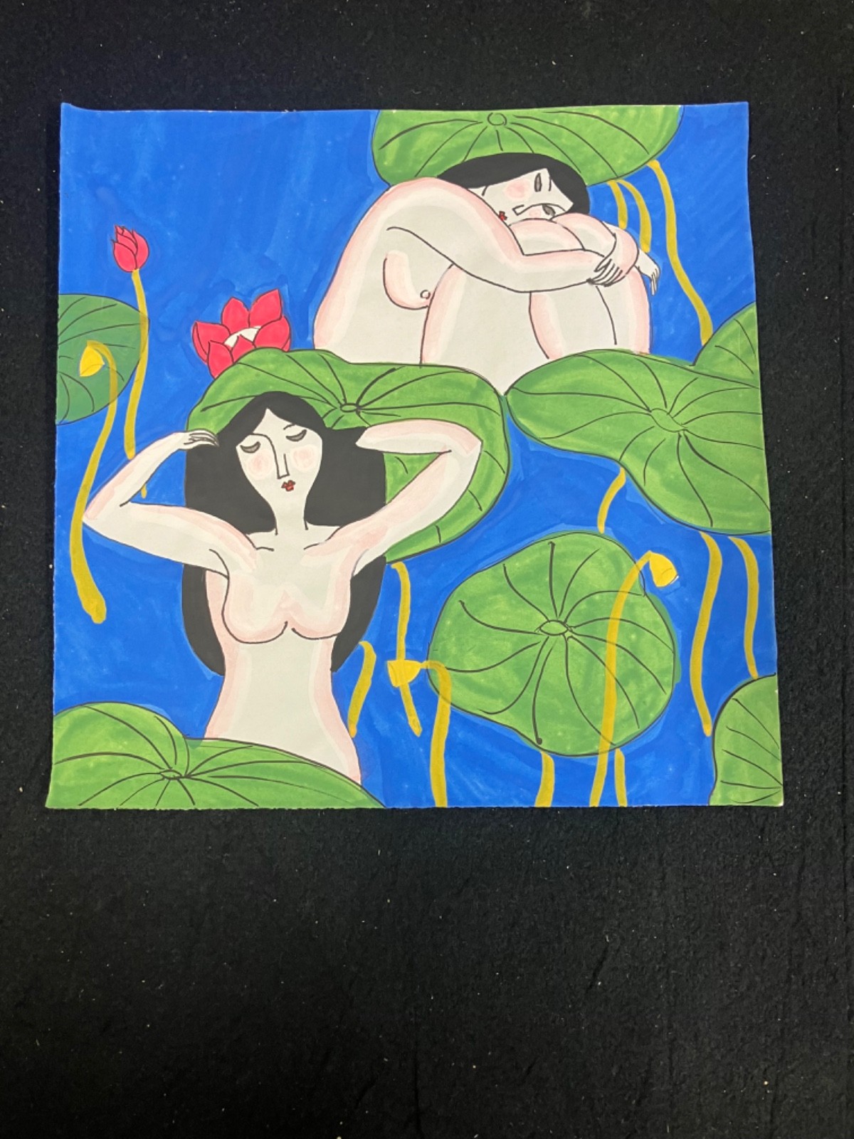 WOMEN IN LOTUS FLOWERS POND ORIGINAL WATERCOLOR PAINTING, 8.5″X 8.5″, UNSIGNED