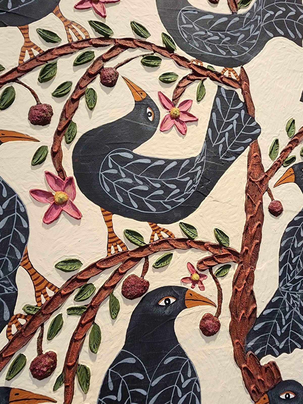 Danette Sperry Southern Primitive Crow Bird Folk Art Painting «Cherry Paradise «