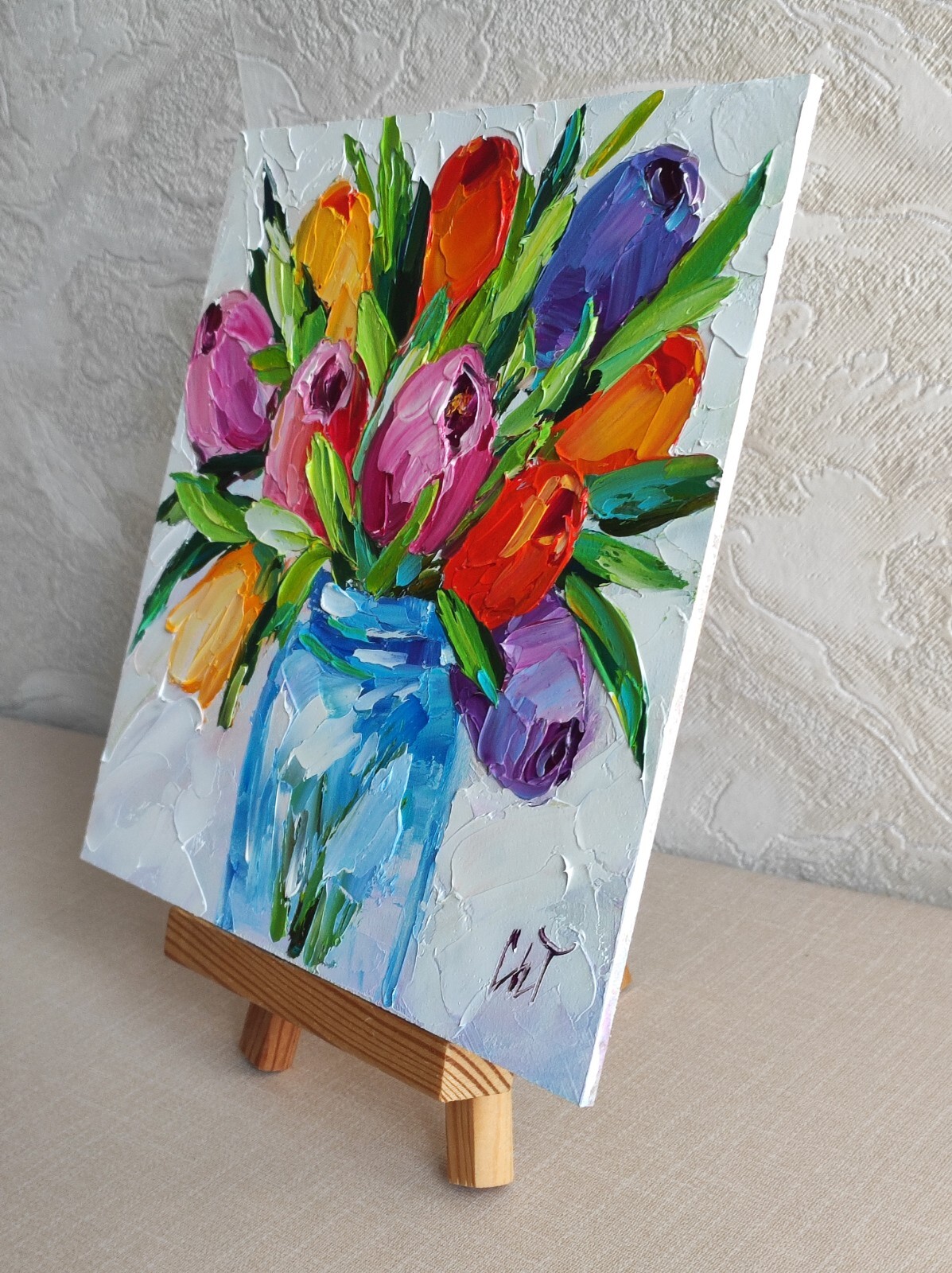 original oil painting Tulips Colorful Flowers Vase Impasto Floral Artwork 8*8 in