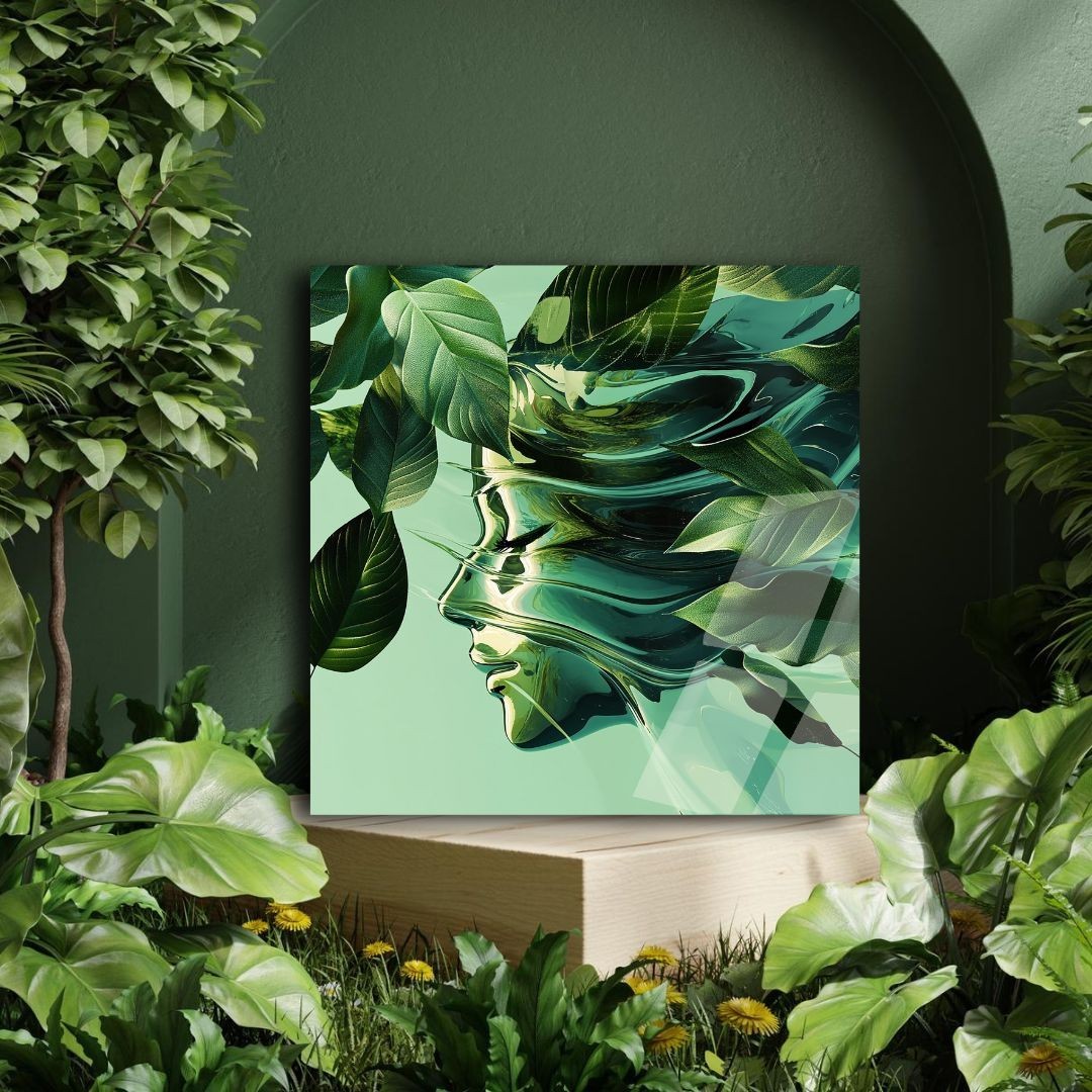 3D Painting Green Face&Leaf Art UV Printed Acrylic Glass Modern Wall Decor