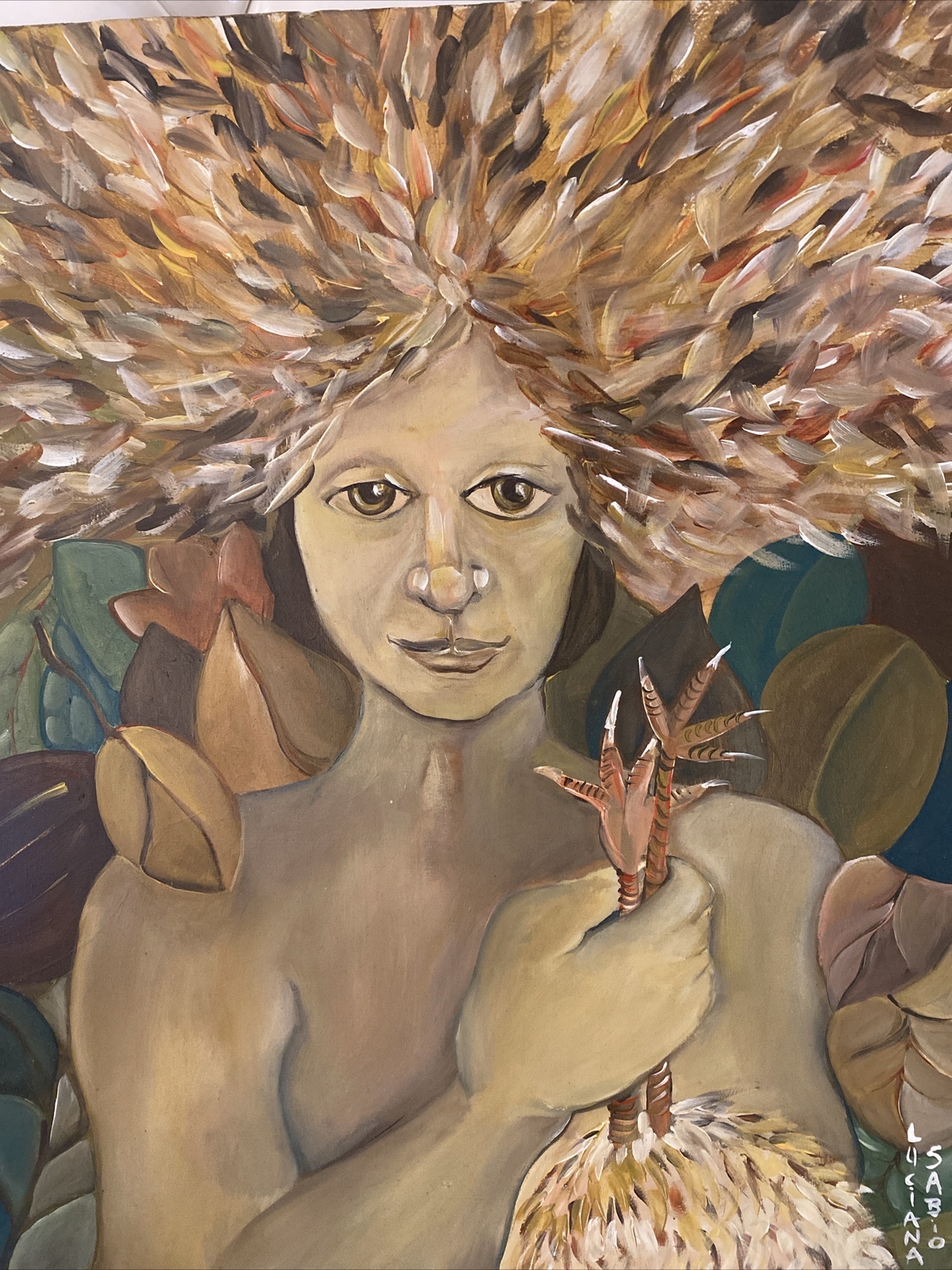 Vntg Folk Art Portrait Woman Holding Chicken Legs 23” X 18” Acrylic On Wood