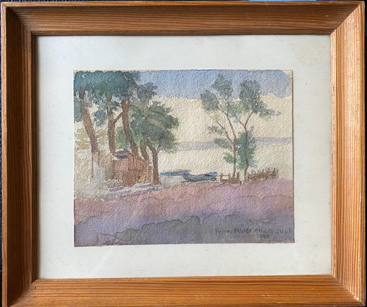 :: FRIDEV FENKER WATERCOLOUR CHAPEL LAKESIDE BOAT SUNSET 1943 SEA COAST