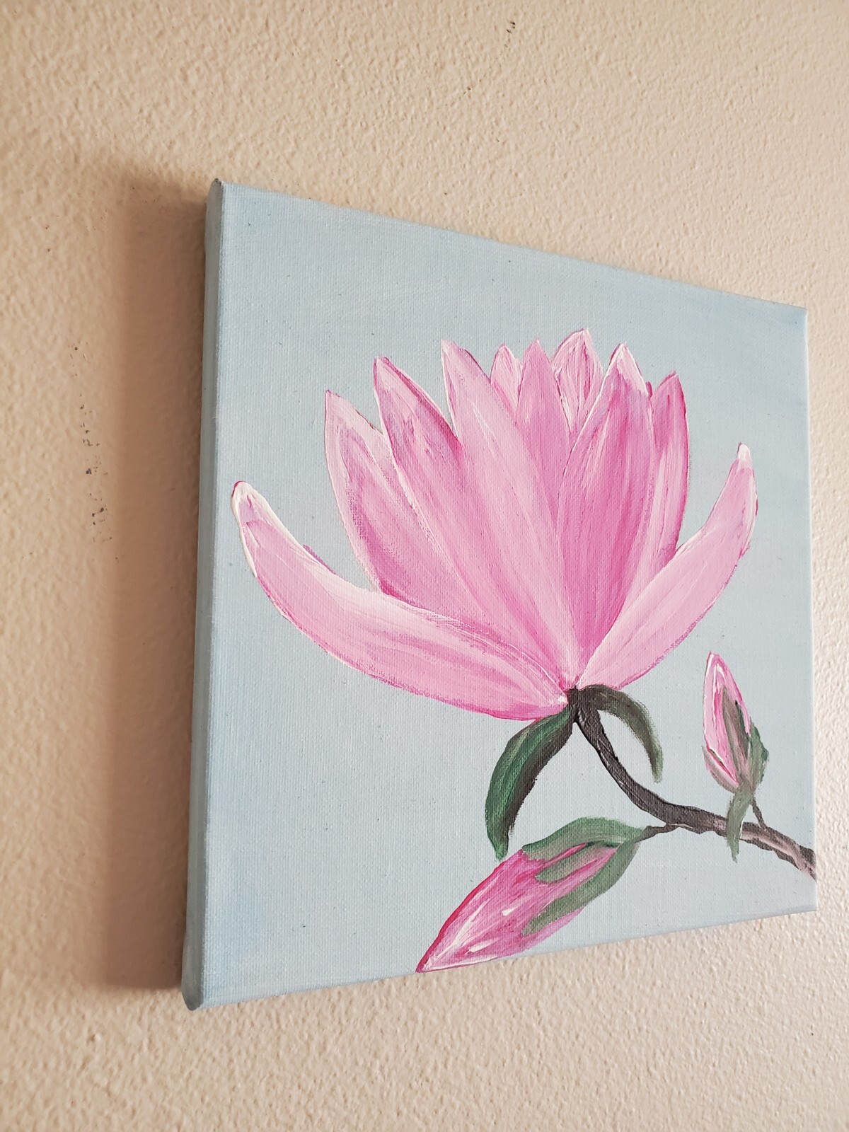 Handmade Acrylic Painting Wooden Frame 10×10 Art Decor Flowers Magnolia Pink