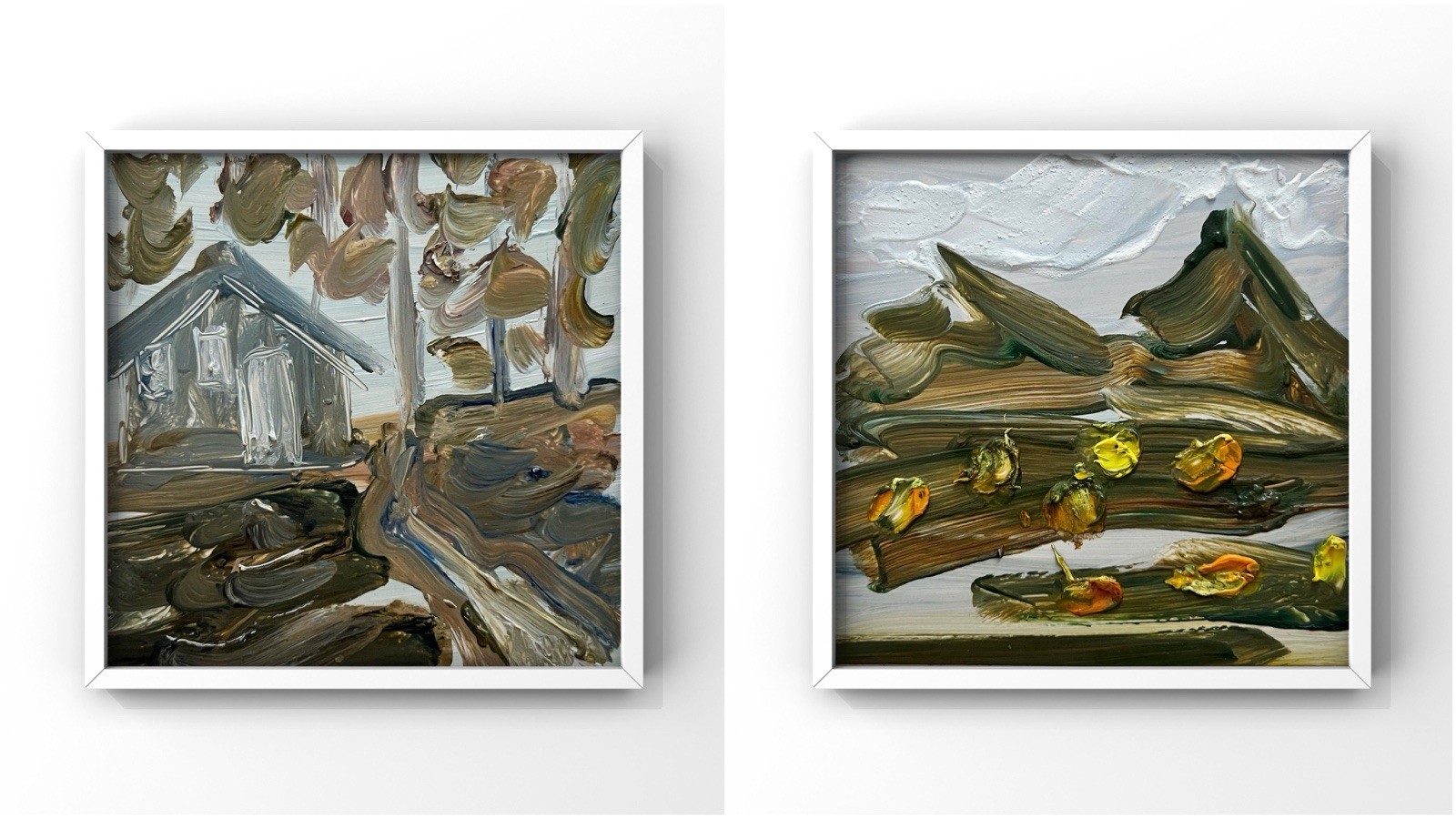 Swiss Alps Mountain Cabin Autumn Landscape Diptych Fall Colors Chalet House Art