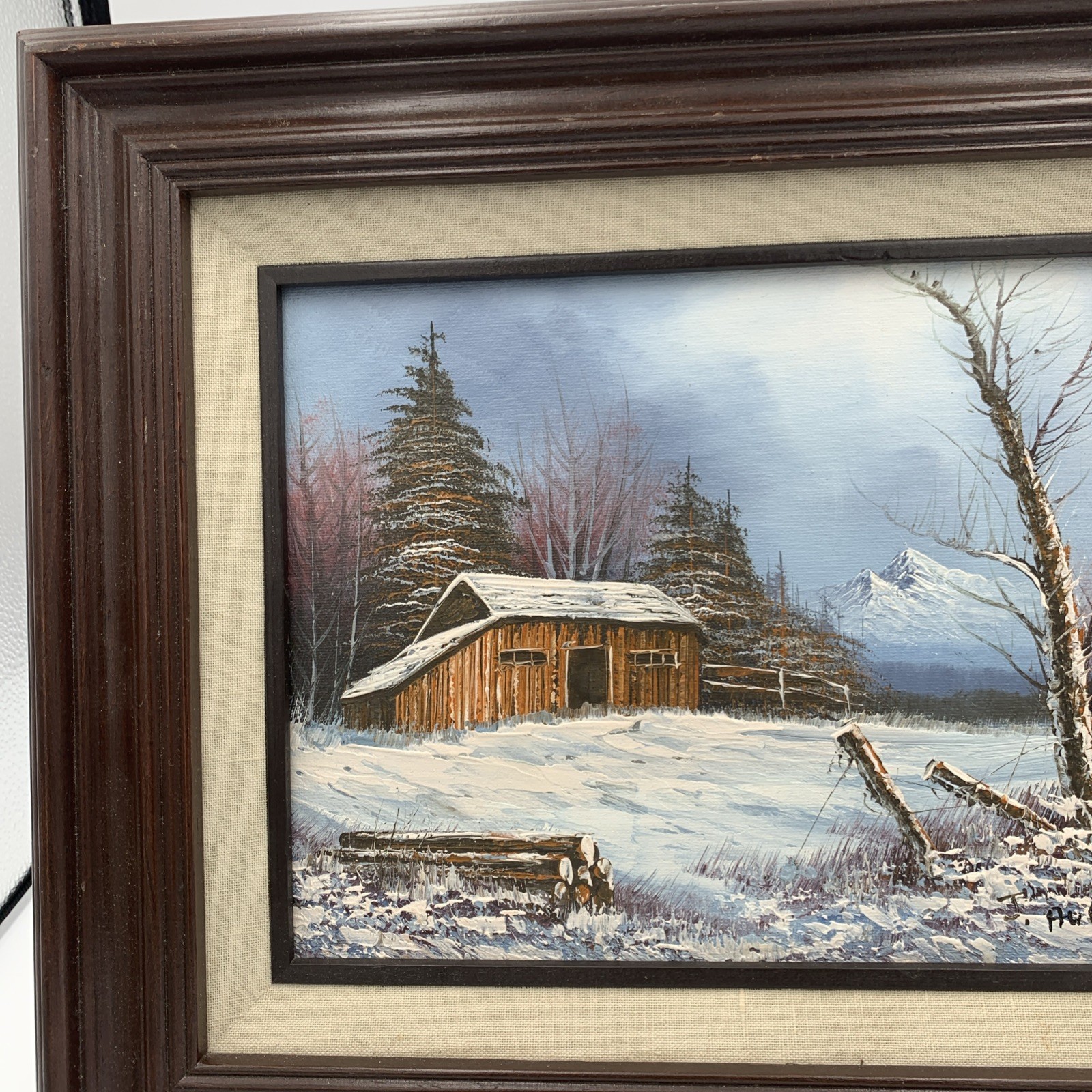 Framed Oil Painting~Snow Pines Mountain Cabin Scene~ 15”X 14”~ Signed J. AvLaire
