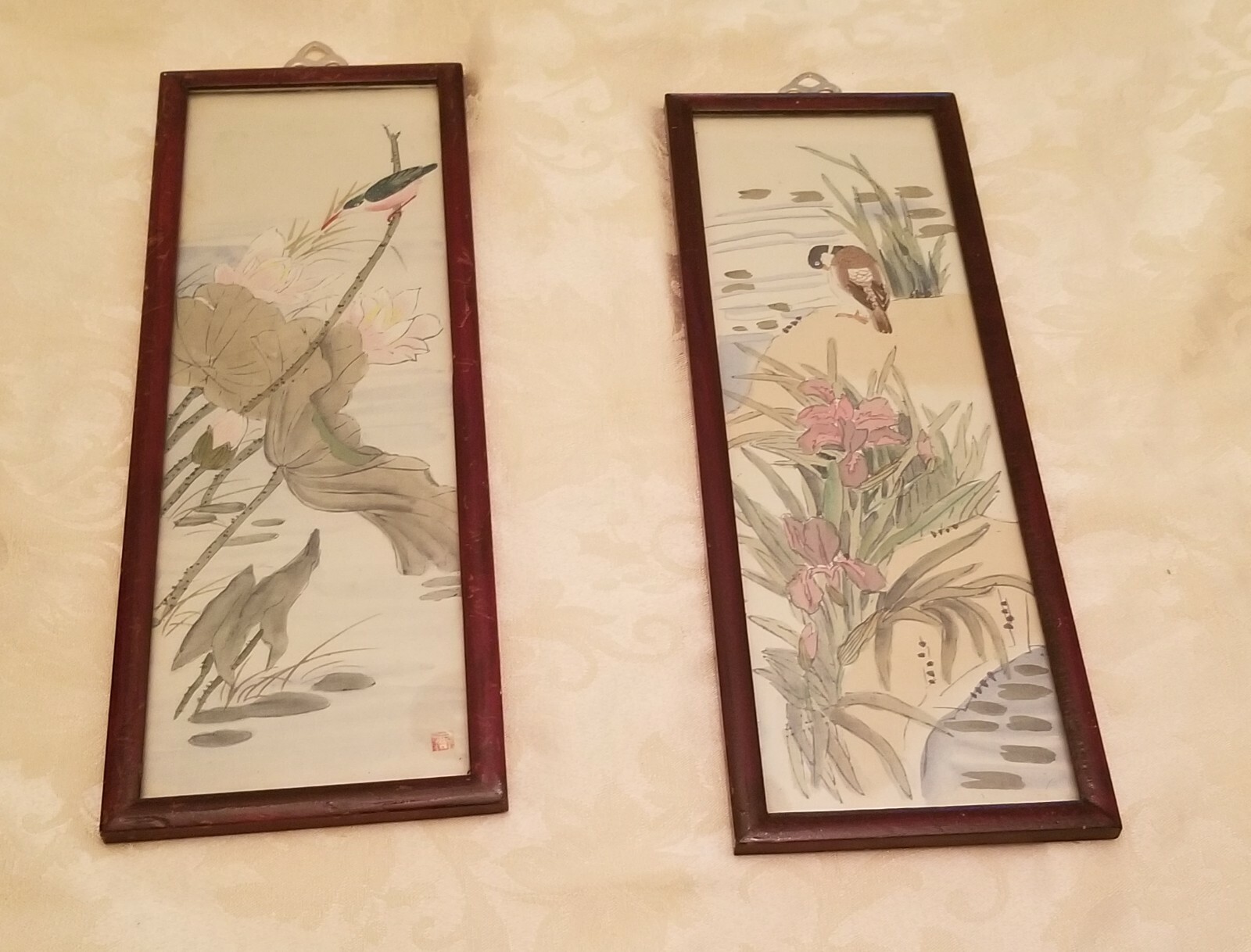 Two Vintage Asian Scenic Silk Framed Paintings Duck Bird China