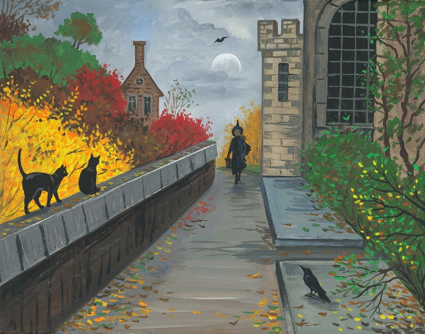 8×10 PRINT OF PAINTING RYTA HALLOWEEN BLACK CAT WITCH SALEM Landscape House art