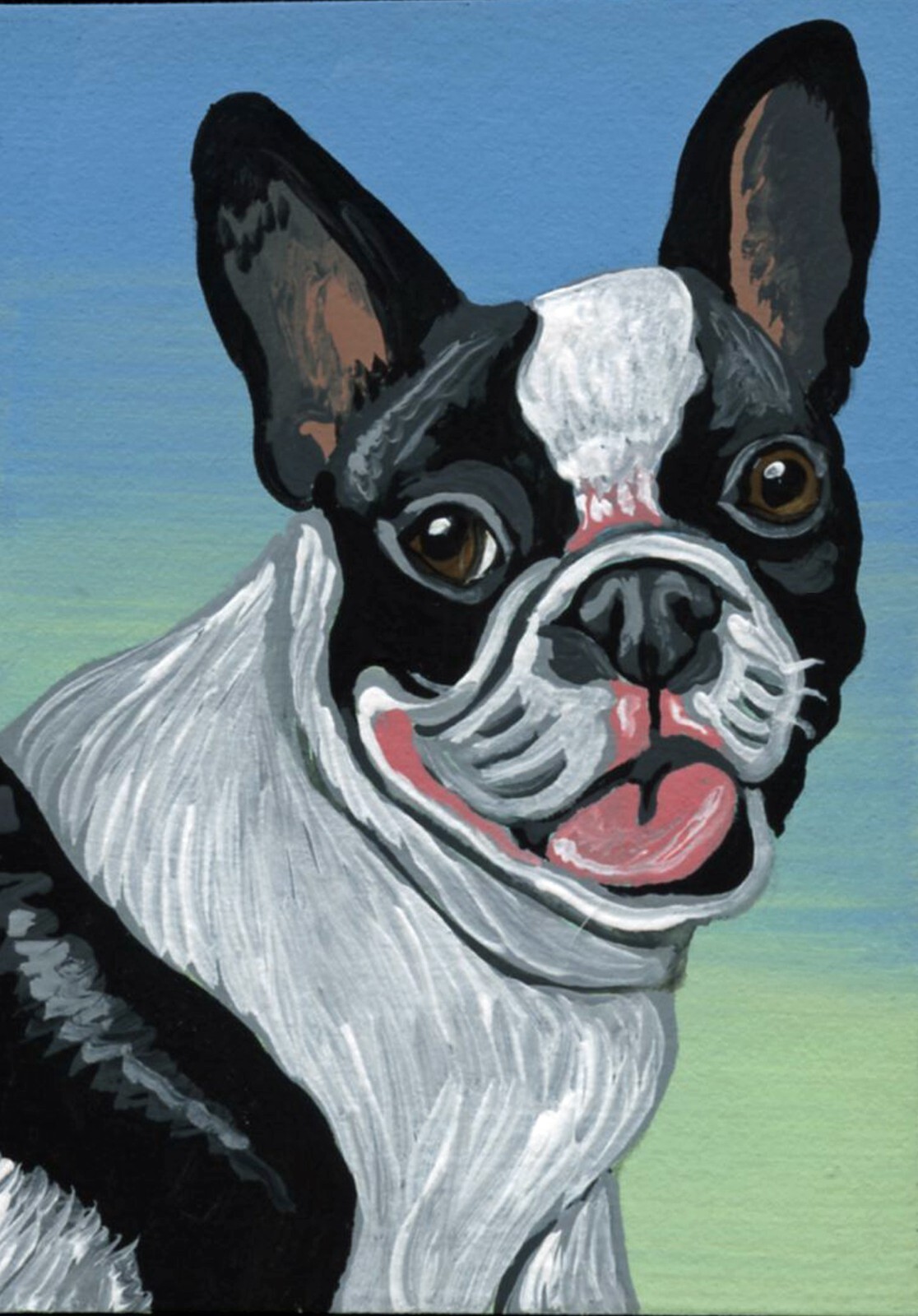 ACEO ATC Original Miniature Frenchie Pied French Bulldog Pet Dog Art-C. Smale