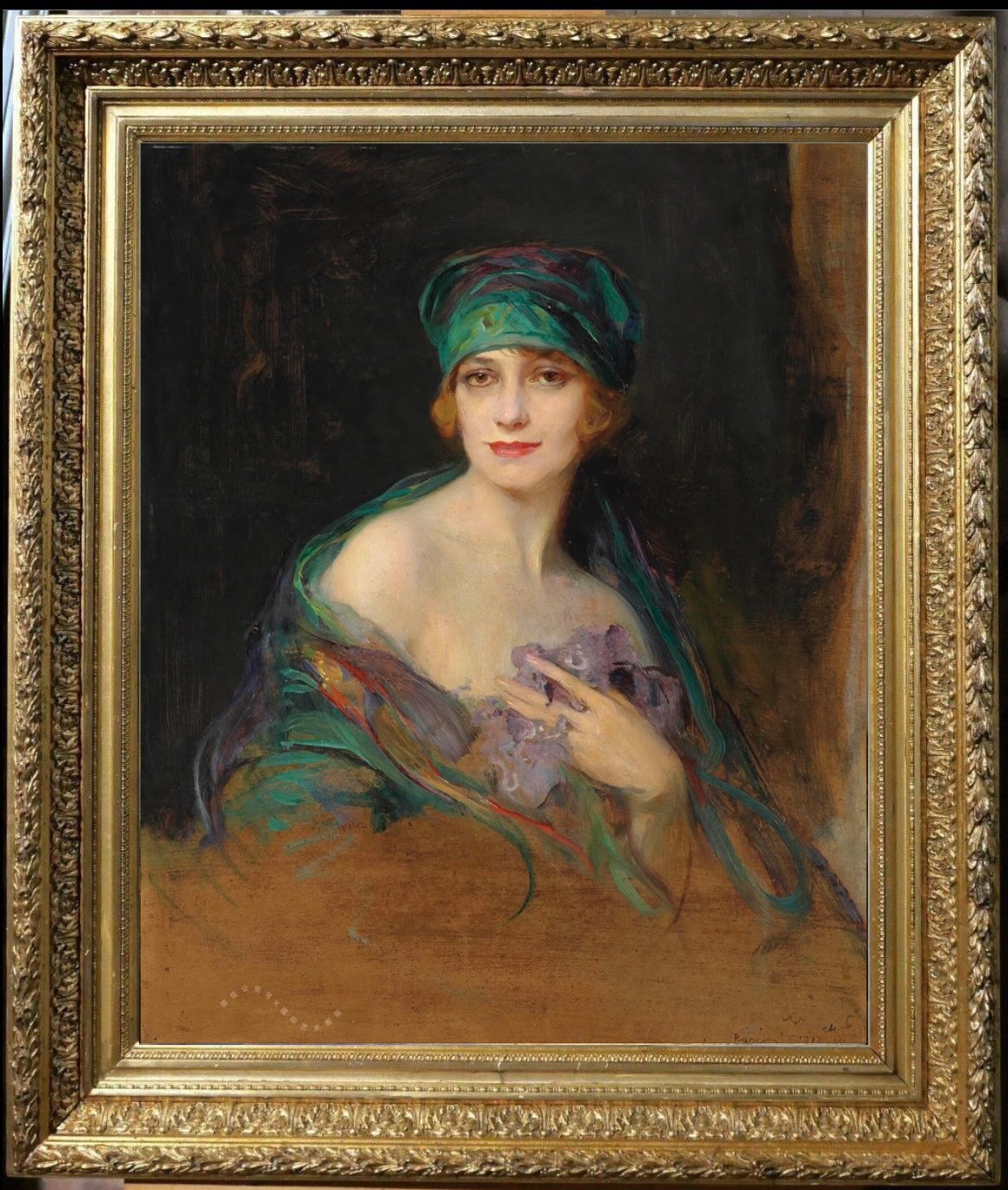 Vintage Lady in Emerald Turban with Purple Flower Oil Painting Art Deco Noble