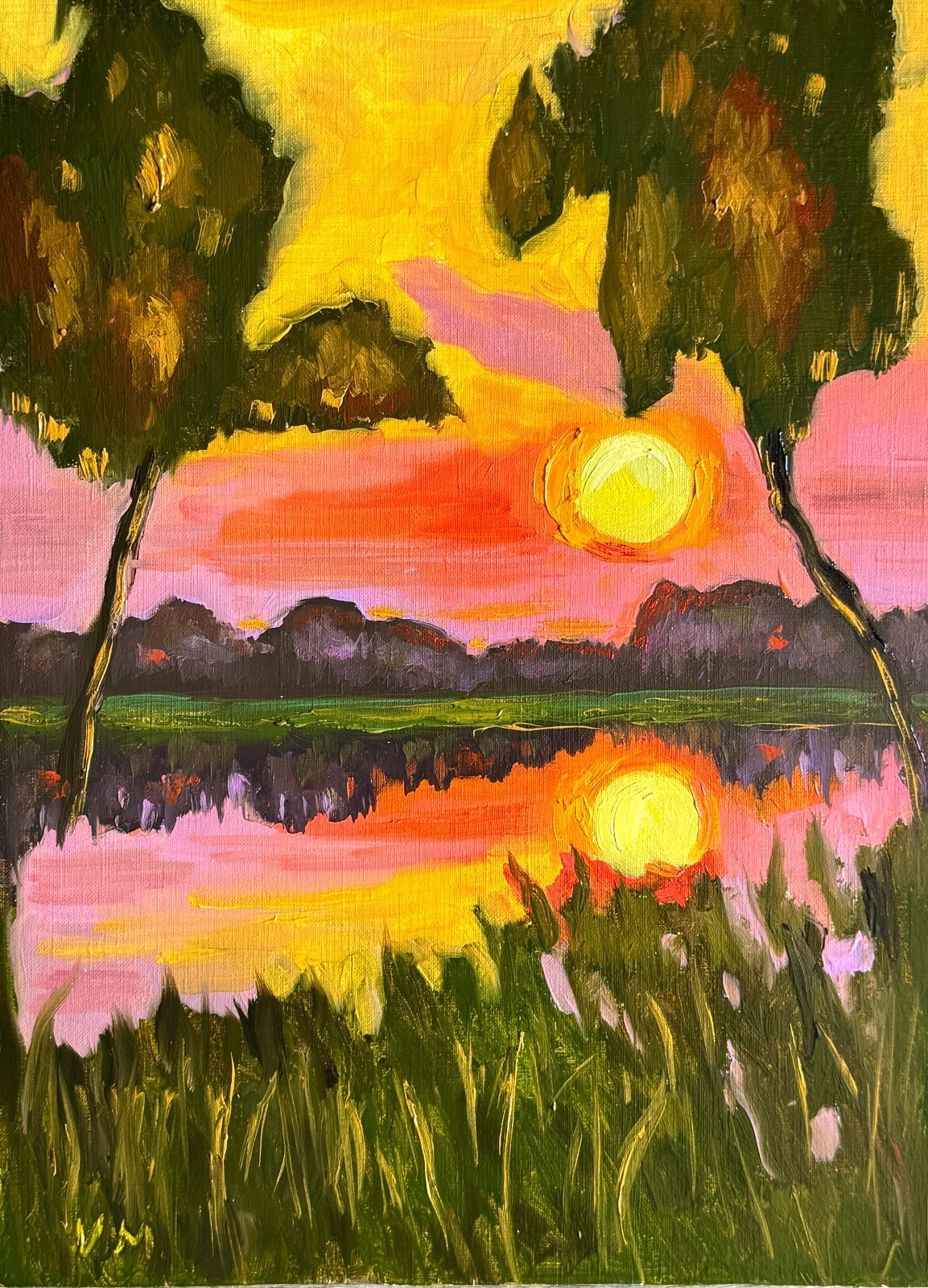 Abstract Sunset Oil Painting Landscape Original Signed 15×12 Collectible Art