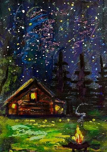 ACEO Original PAINTING Summer CABIN Camping Fire Night Stars Landscape ATC ART