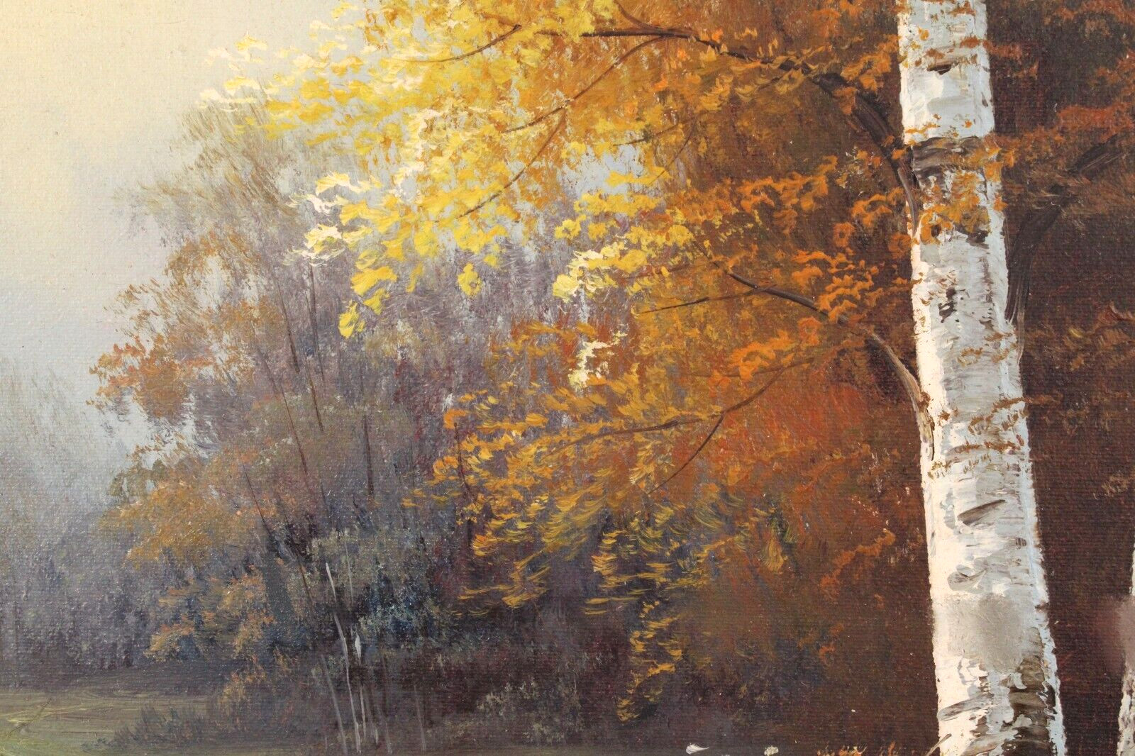 Vintage Forest Stream Landscape Scene Oil Painting On Canvas Signed Illegible