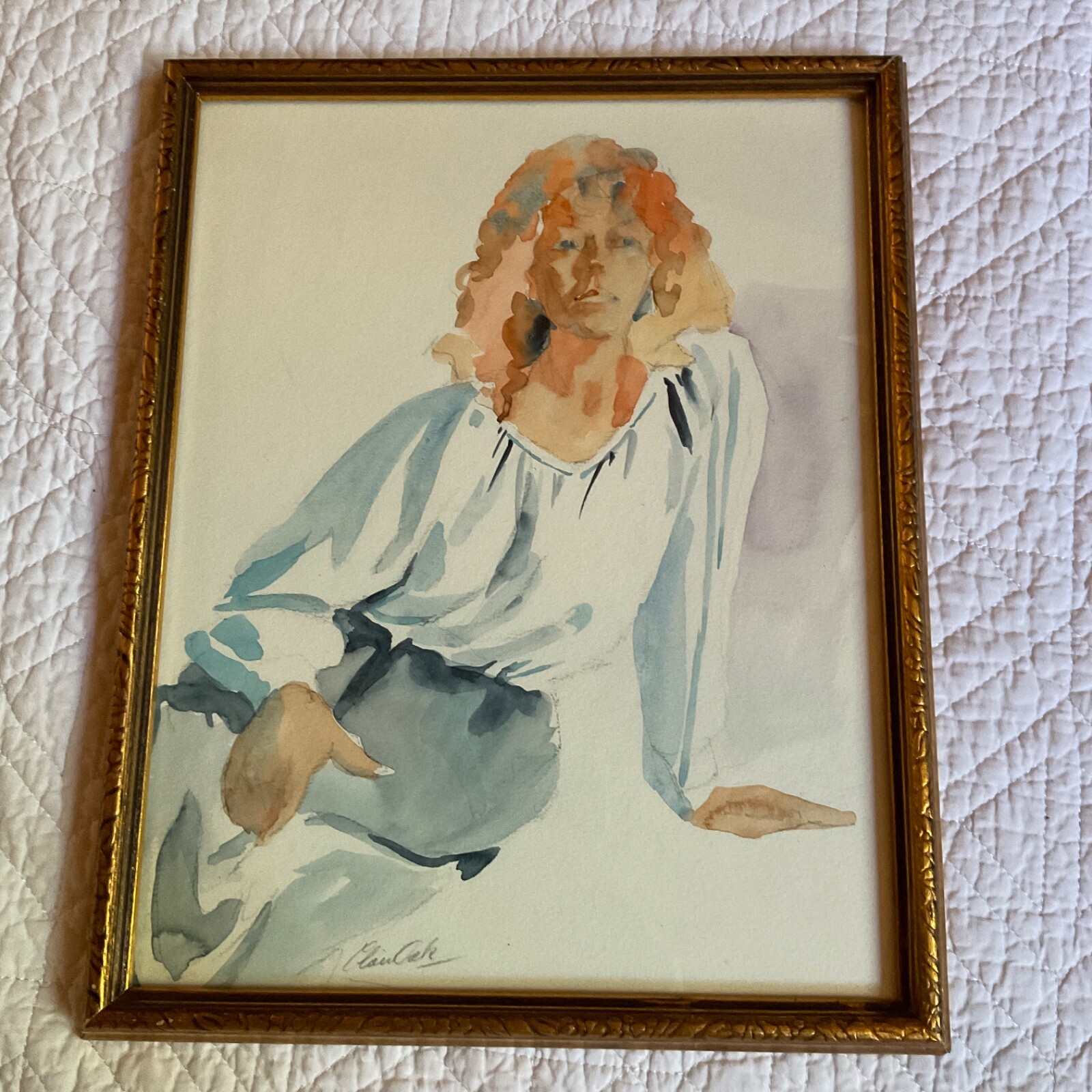 90s woman portrait original watercolor PAINTING framed hand painted by Clair Oak