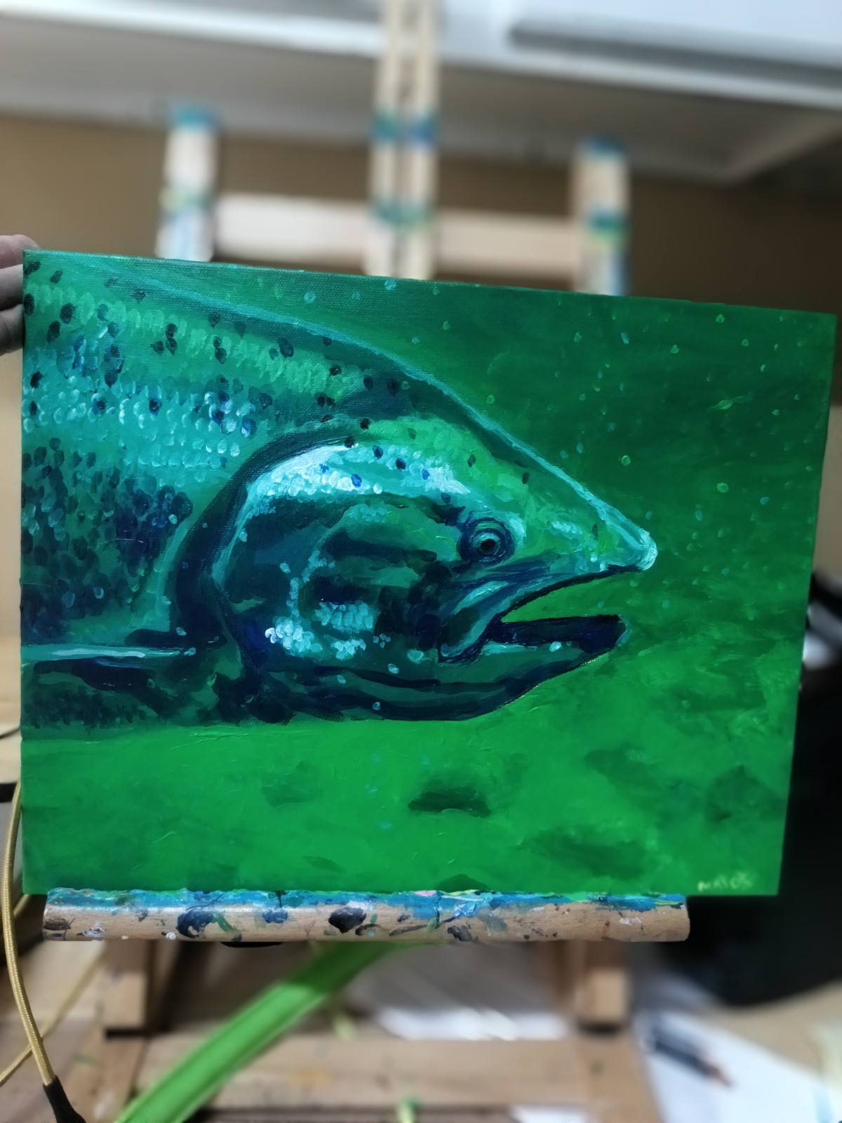 Salmon, original painting 11×14 Hard Board Panel Canvas. Salmon Art