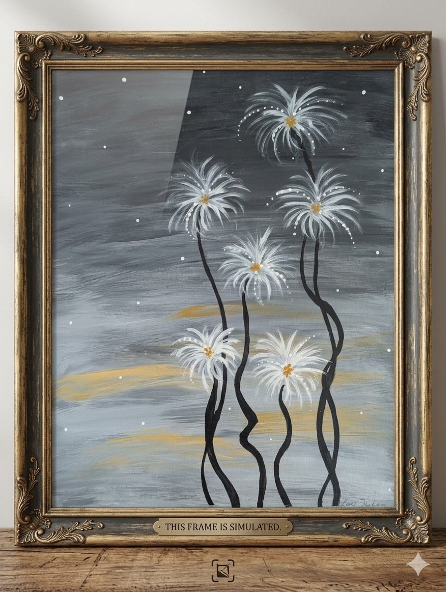 ​Lori Fisher Signed Original Canvas Painting 16×20 Abstract Floral Grey Gold