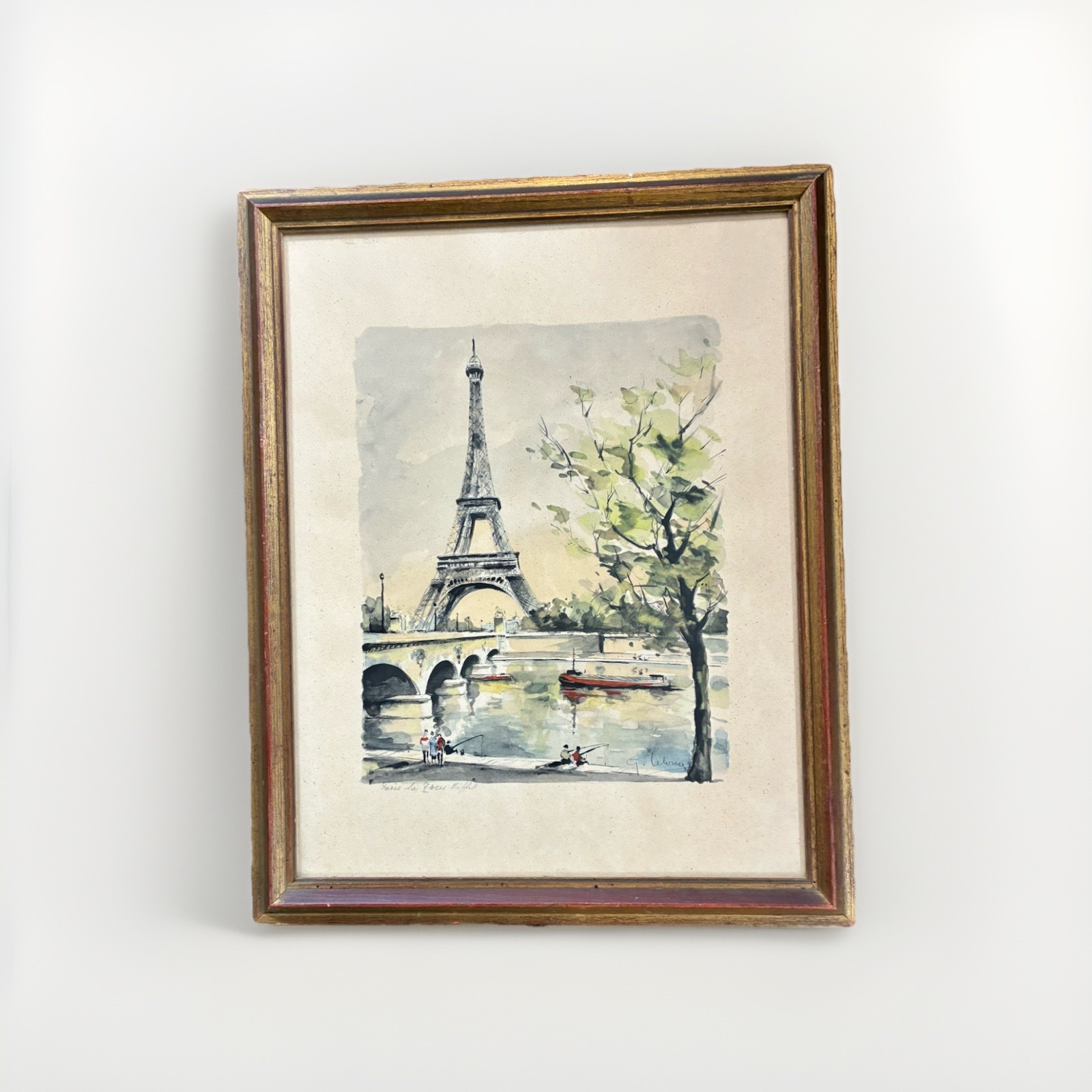 Vintage Signed G. LeLong Paris Watercolor Eiffel Tower Seine River Scene Framed