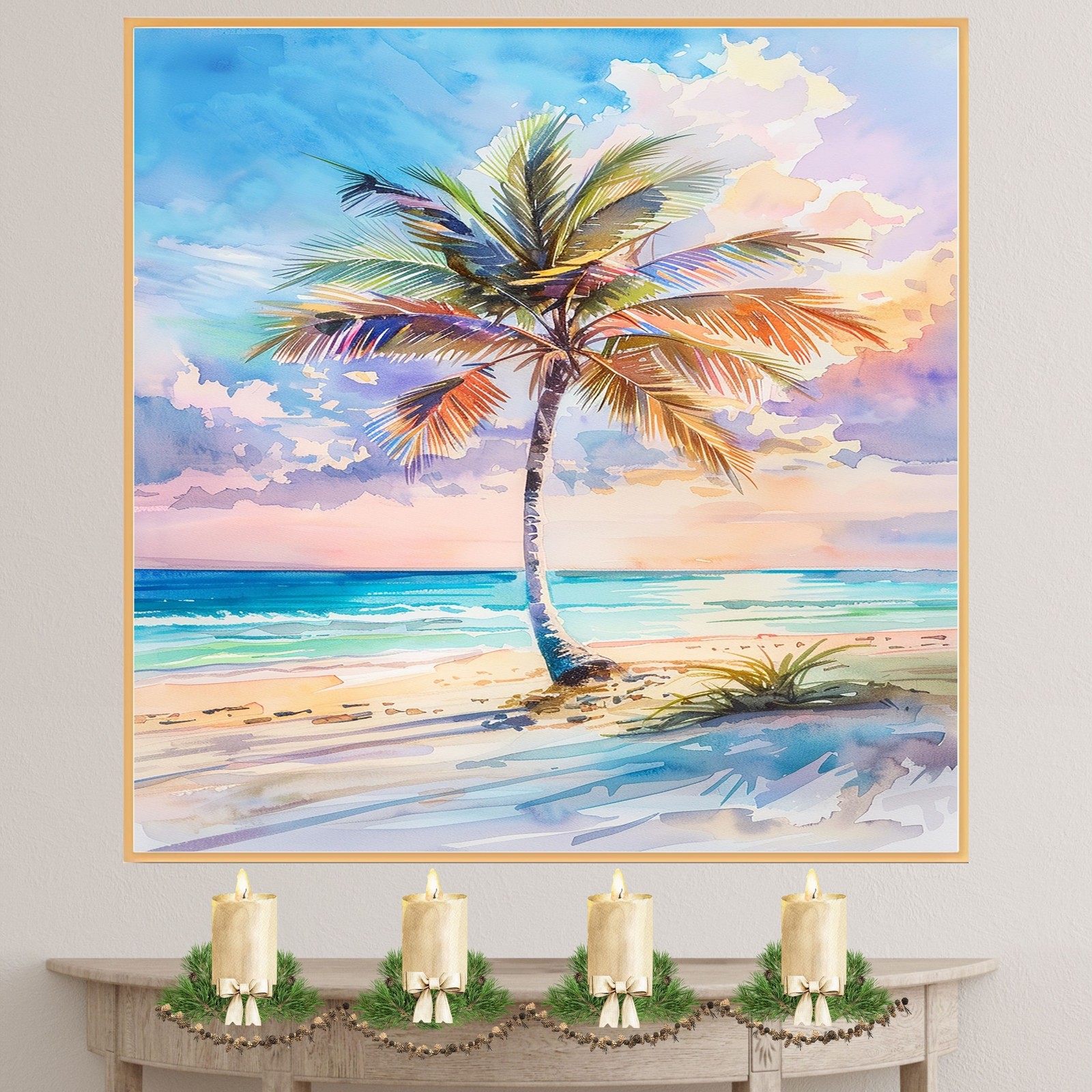 Tropical Beach Sunset with Colorful Palm Tree Watercolor Painting Ocean Canvas