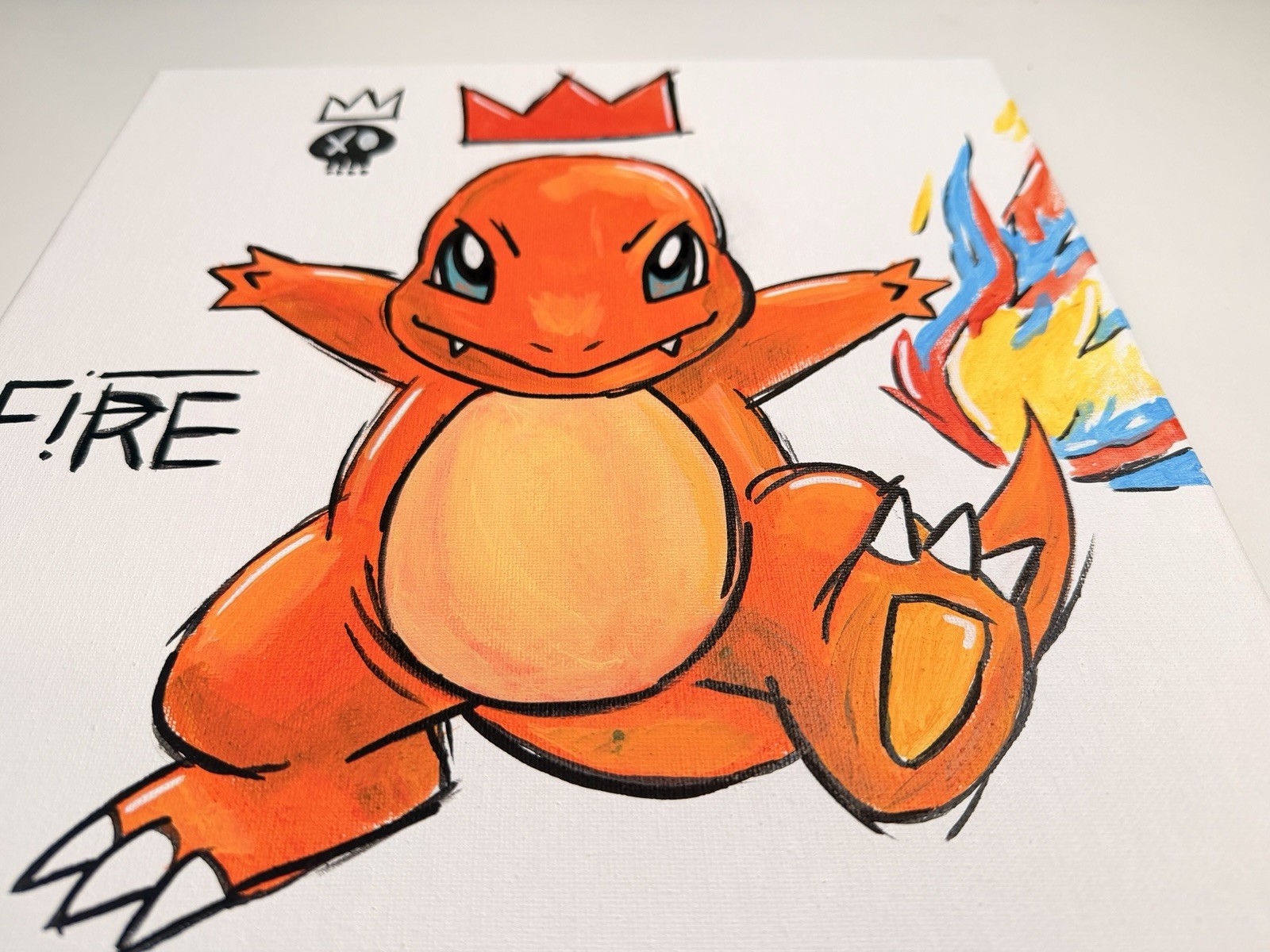 Original Charmander Fire Acrylic Painting on Framed Canvas Crown Skull Motif