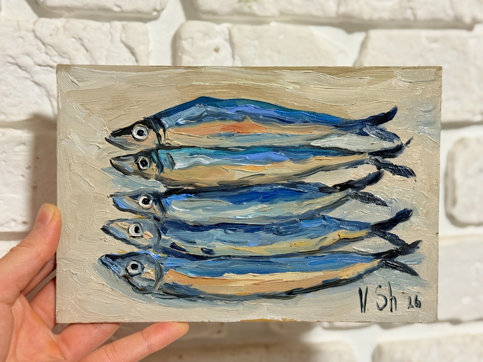 Sardine Original Oil Painting Fish Seafood Art Sardine Still life Kitchen Signed