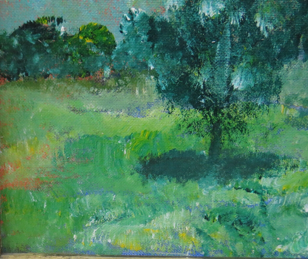 NICE FRAMED OIL ON BOARD LANDSCAPE IN SHADES OF GREEN AND BLUE