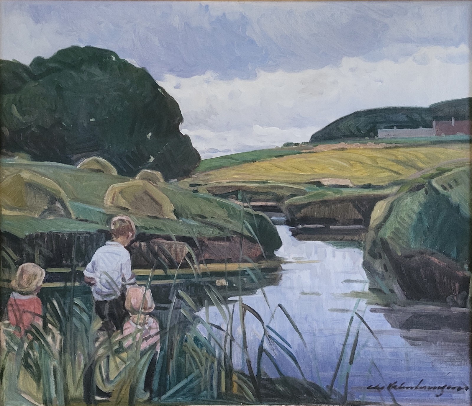 Oil painting. Christian Valentinusen(1903-1984):”Playing by the creek”