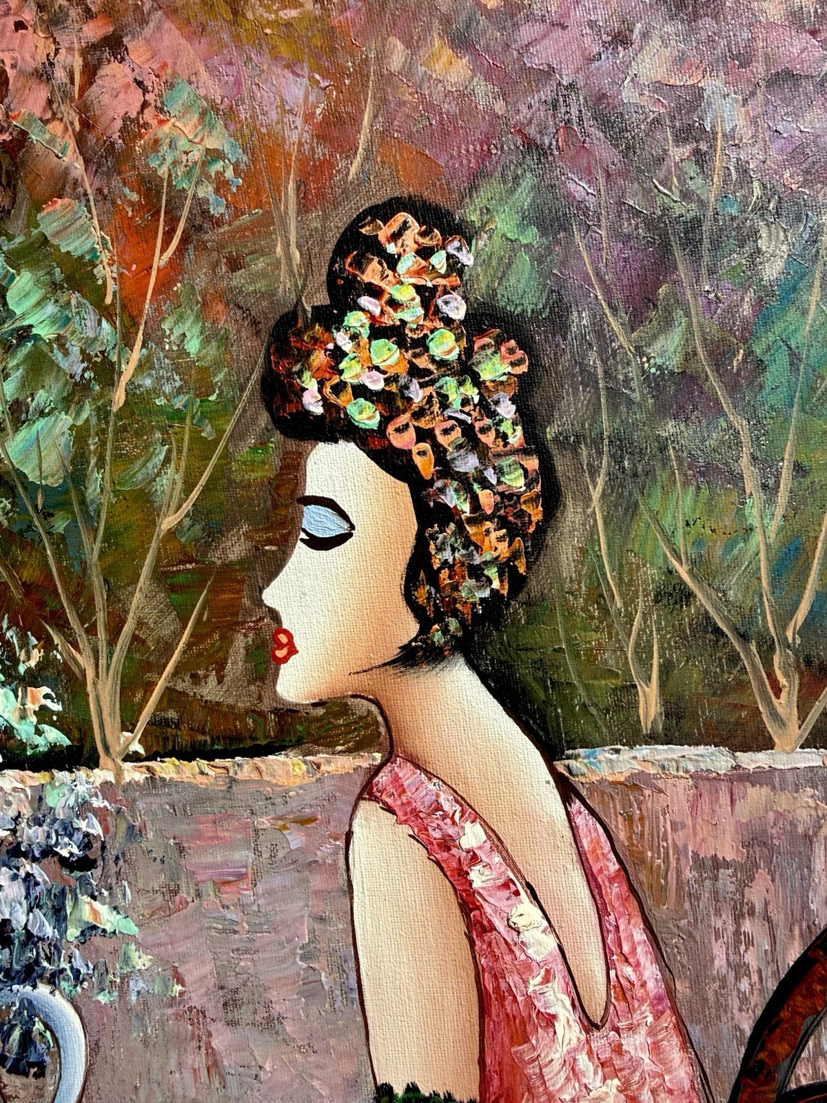 ⭕️ K. BARNES «TEA TIME» OIL PAINTING FRAMED 29×41 FIGURATIVE ART