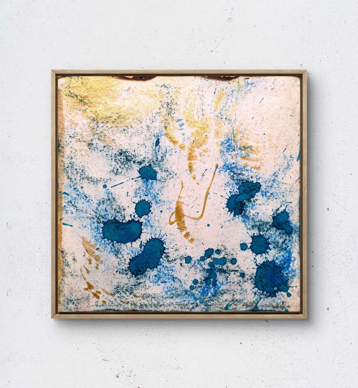 BirkeloART 7×7 Blue And Gold Abstract Handmade Paper Mixed Media Wall Art