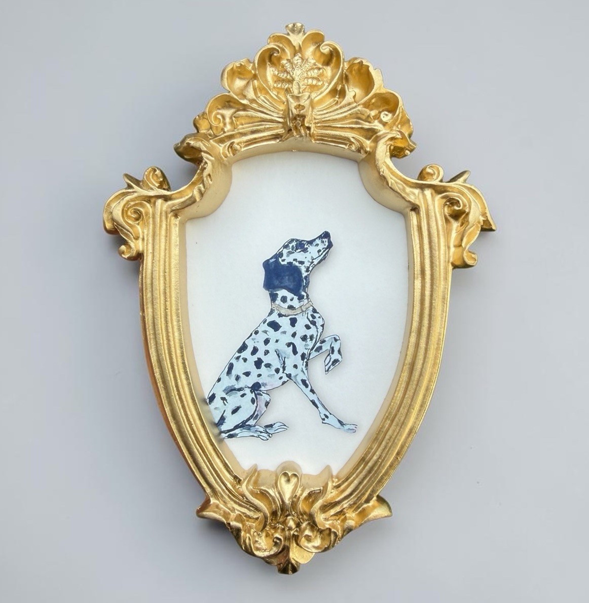 Dalmatian Dog mini watercolor art print in gold vintage style ornate frame