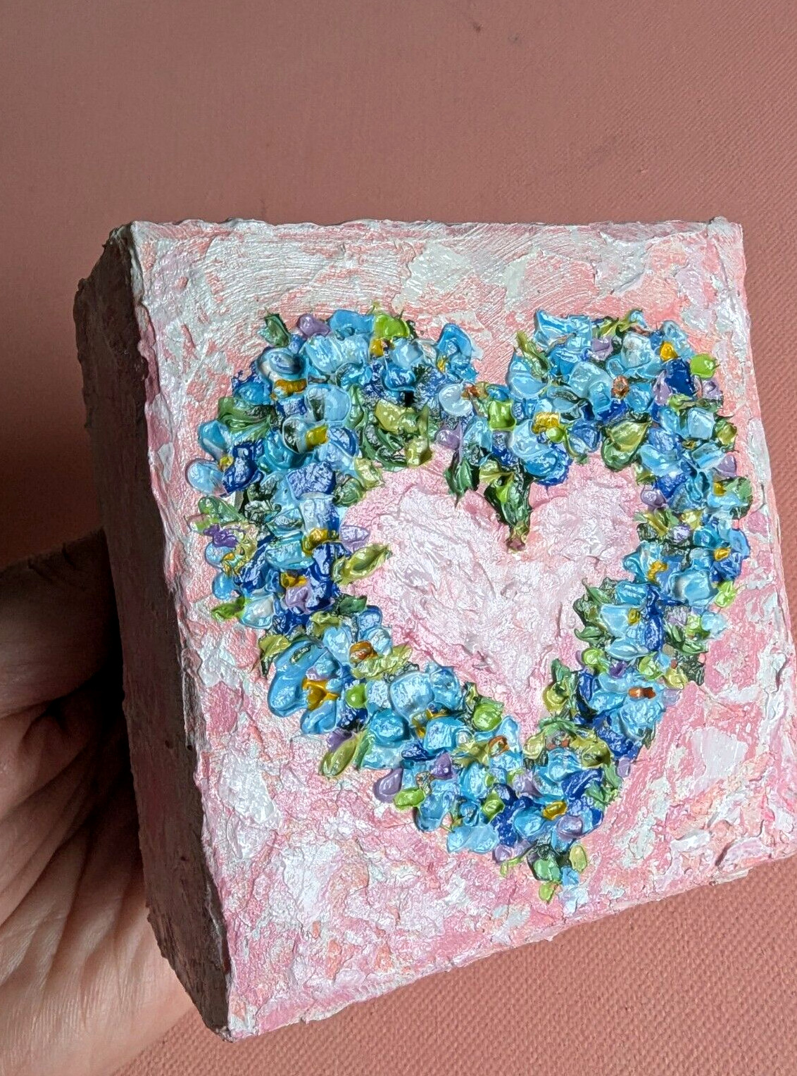 Forget-me-not ORIGINAL OIL impasto HEART Painting 4″X4″ X 1.5″ by Olga Diduh.