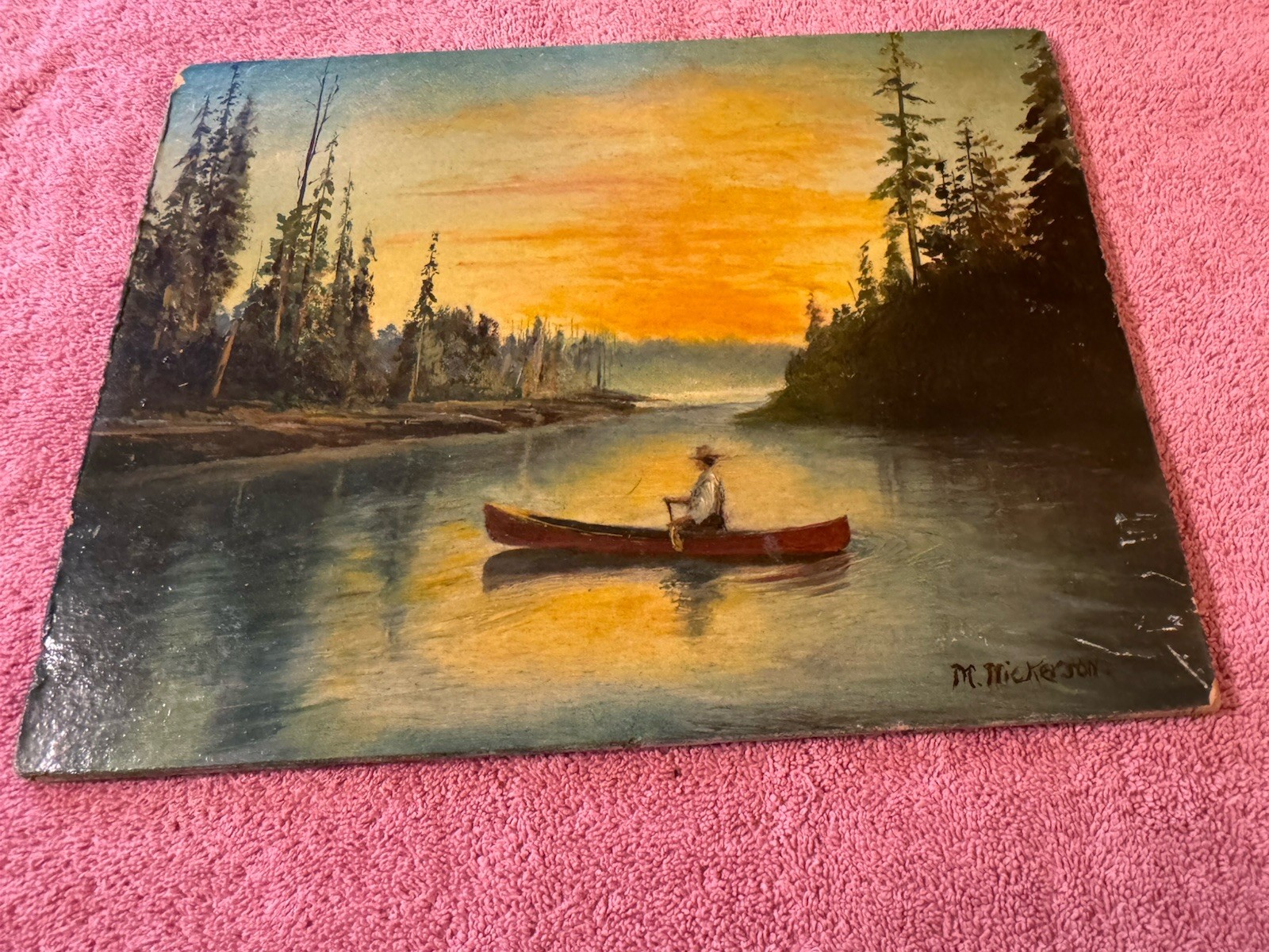 MANTON JUDAH NICKERSON Oil Painting~Man In Canoe at Sunset~Dated Sept 1936~12×9