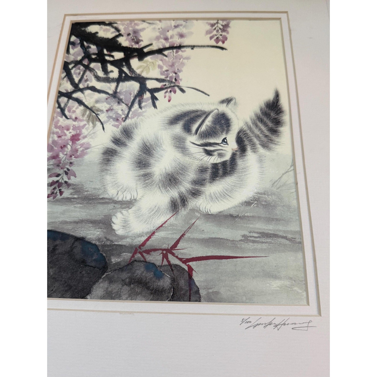 Limited Edition Guohua Cat Painting Print: Signed Asian Floral Artwork 11 X14