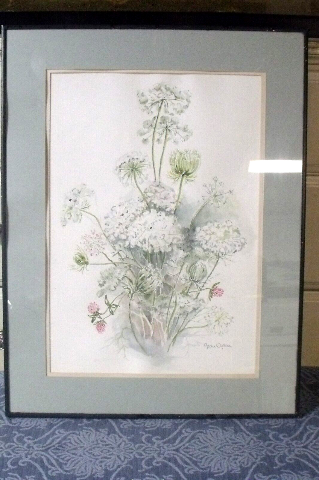 VINTAGE JEAN UPTON 14″ BY 20″ QUEEN ANNE’S LACE AND CLOVER WATERCOLOR