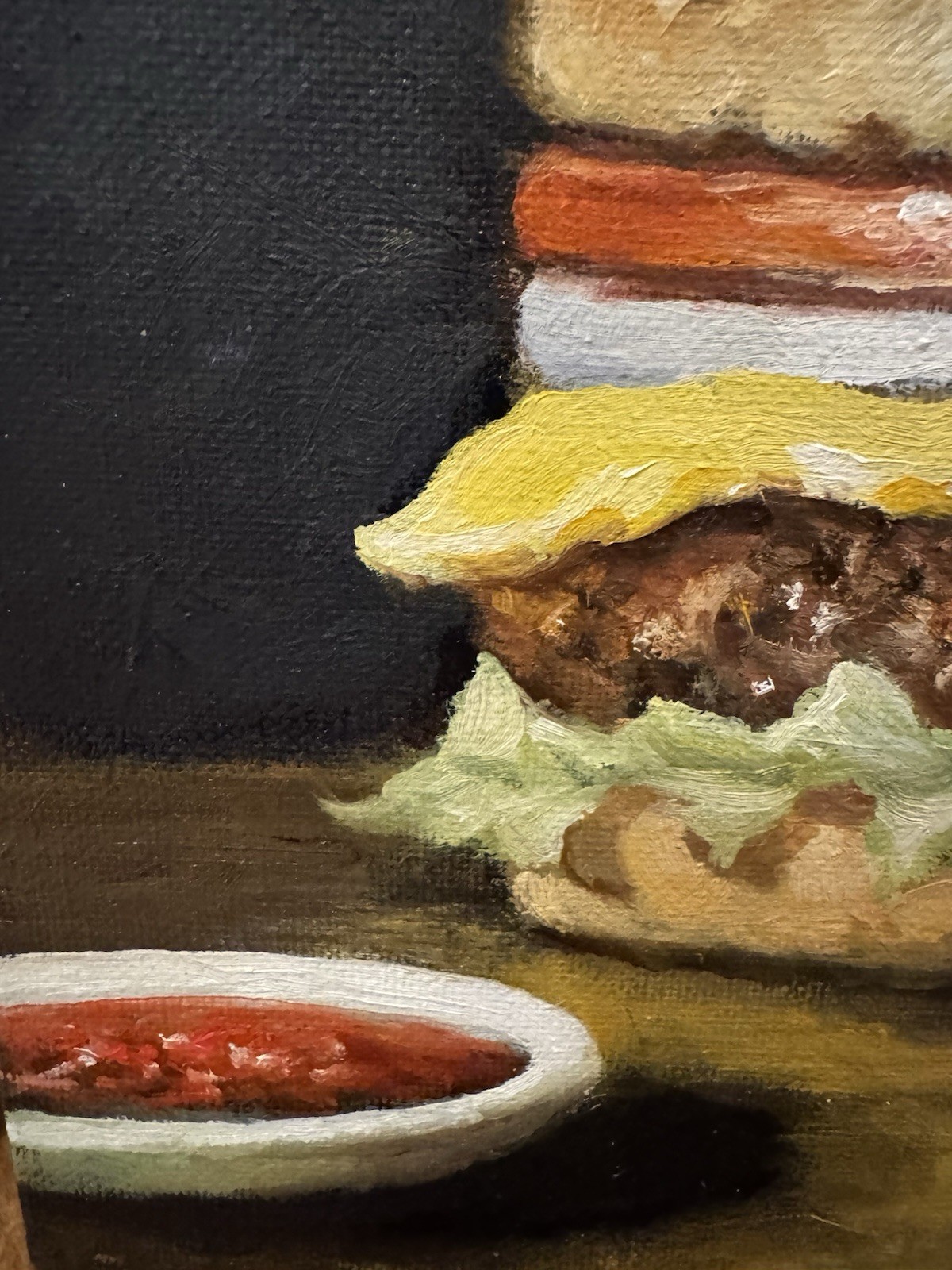 Original New Impressionist Still Life Cheeseburger Onion Fries Oil Painting