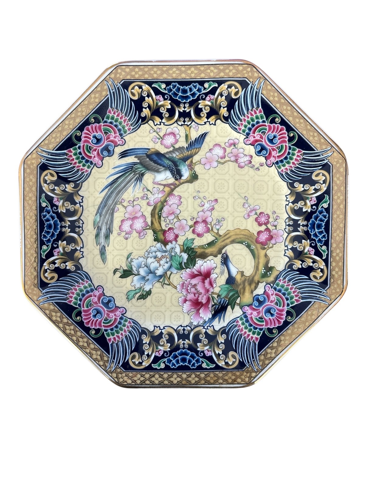 Vintage Japanese Imari Octagonal Porcelain Plate with Bird & Cherry Blossoms