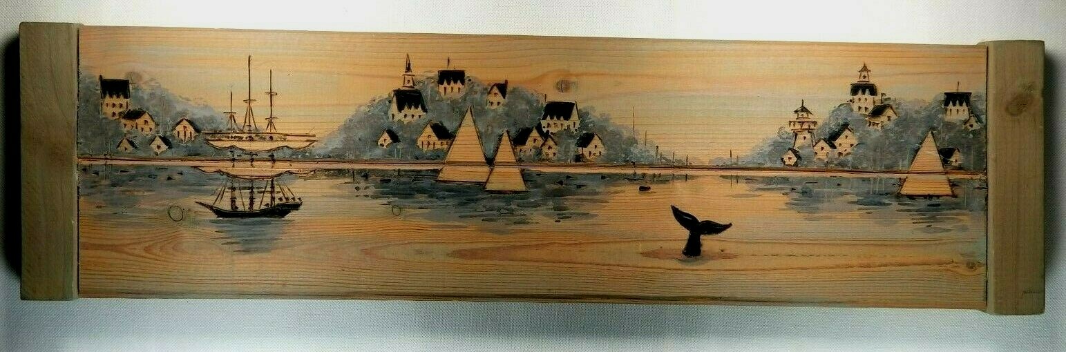 Fine American Folk Art Thom Cassotta harbor view wood painted & Burned Technique