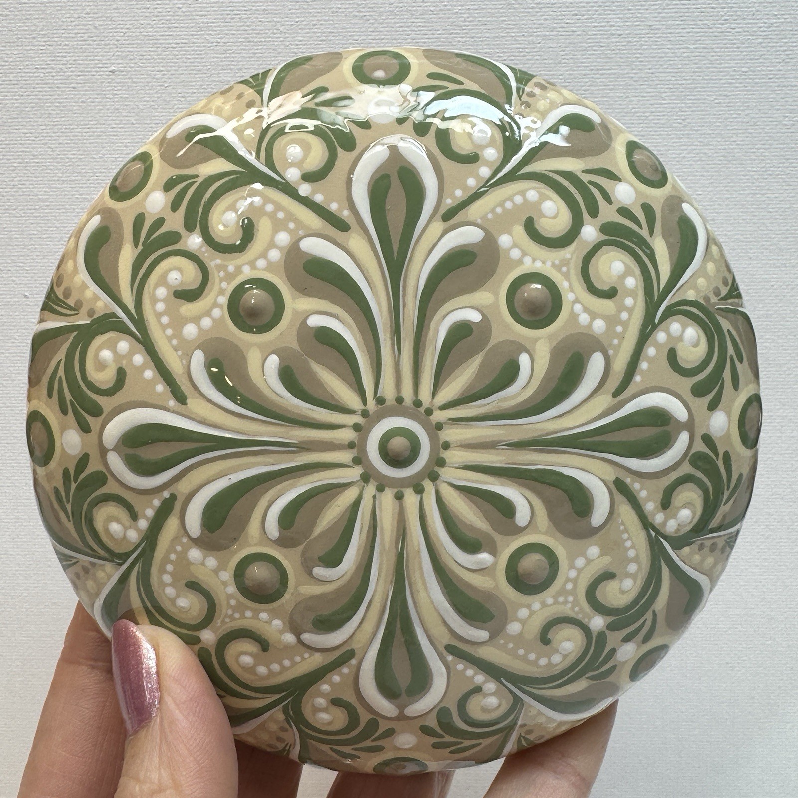 4.5” Delicate Green Mandala – Hand Painted Handmade Stone – By JaDeL