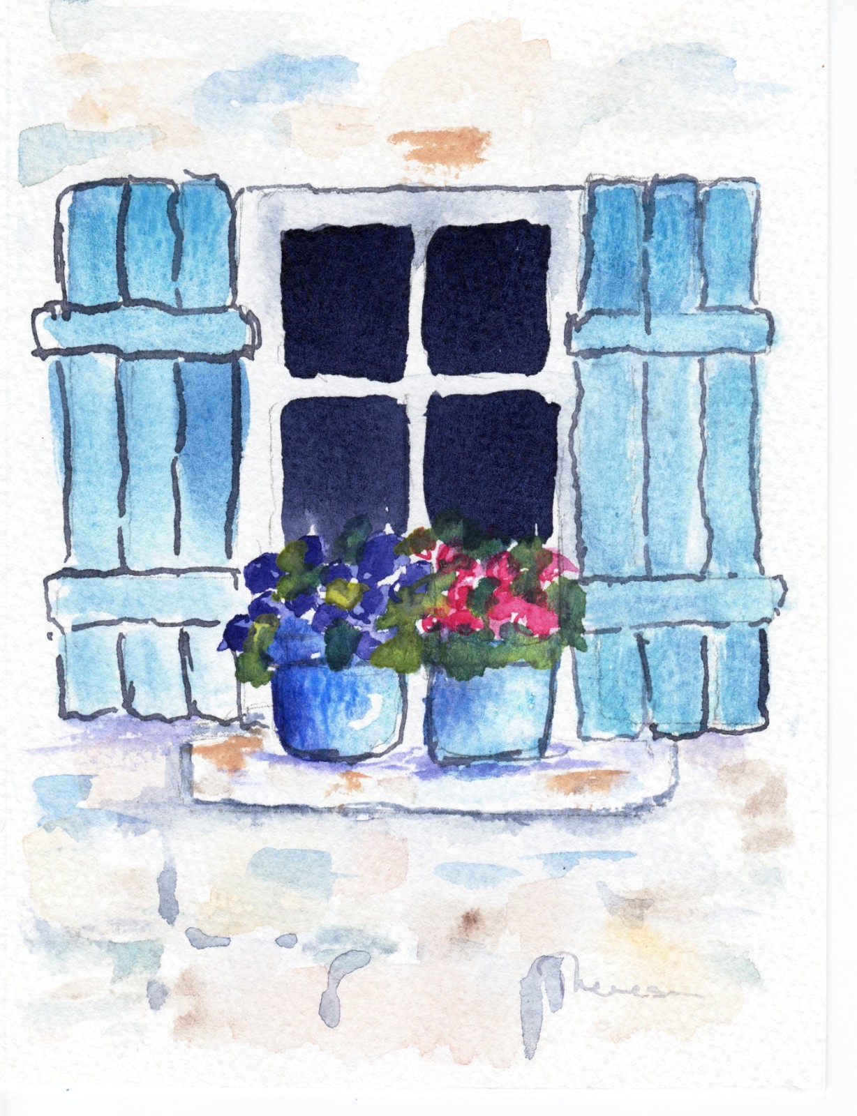 Flowers on the Window -5 x 7 Watercolor painting with Mat, unframed