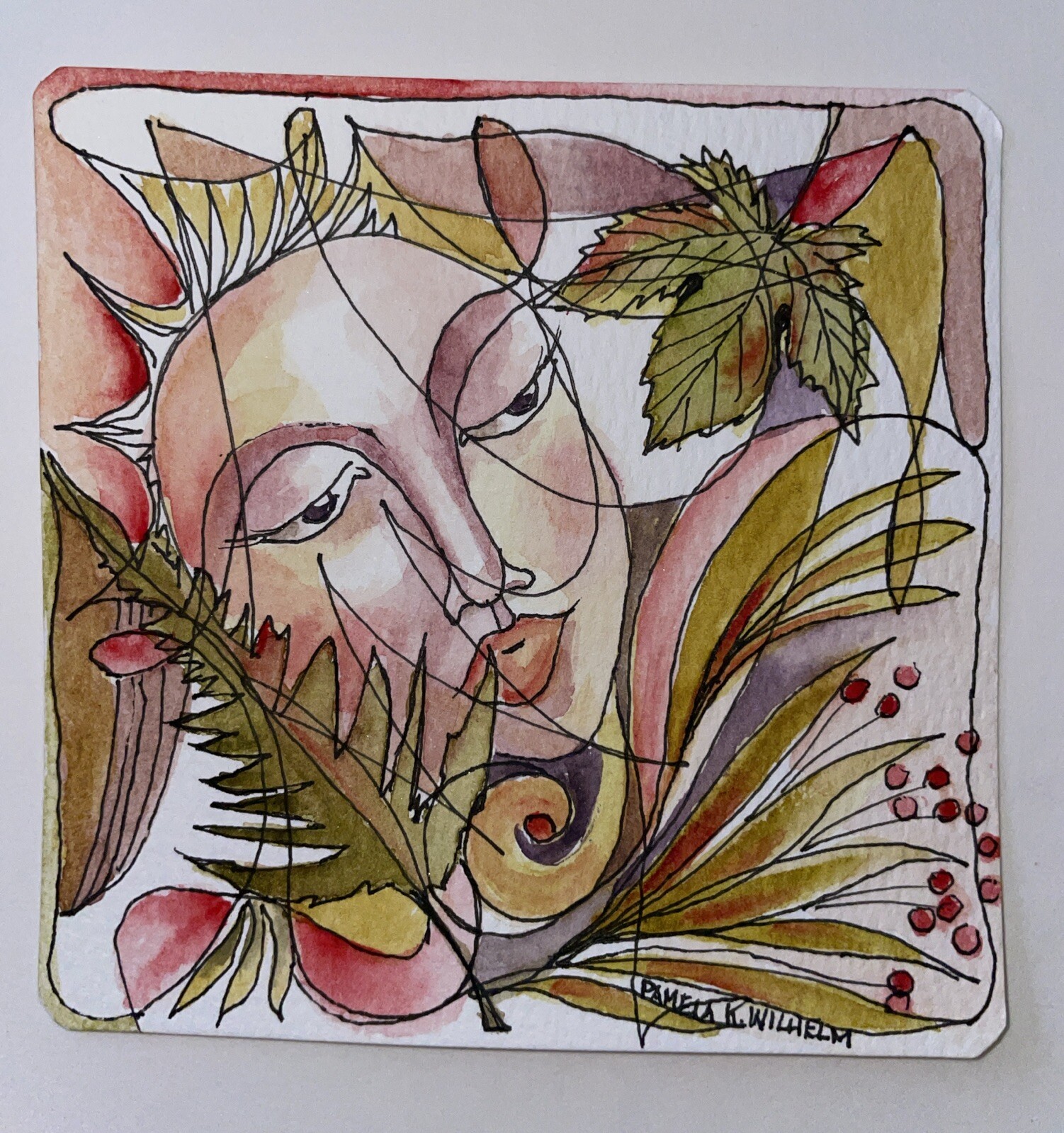 4×4” Original Pamela Wilhelm Watercolor & Ink Face In The Leaves Nature Portrait